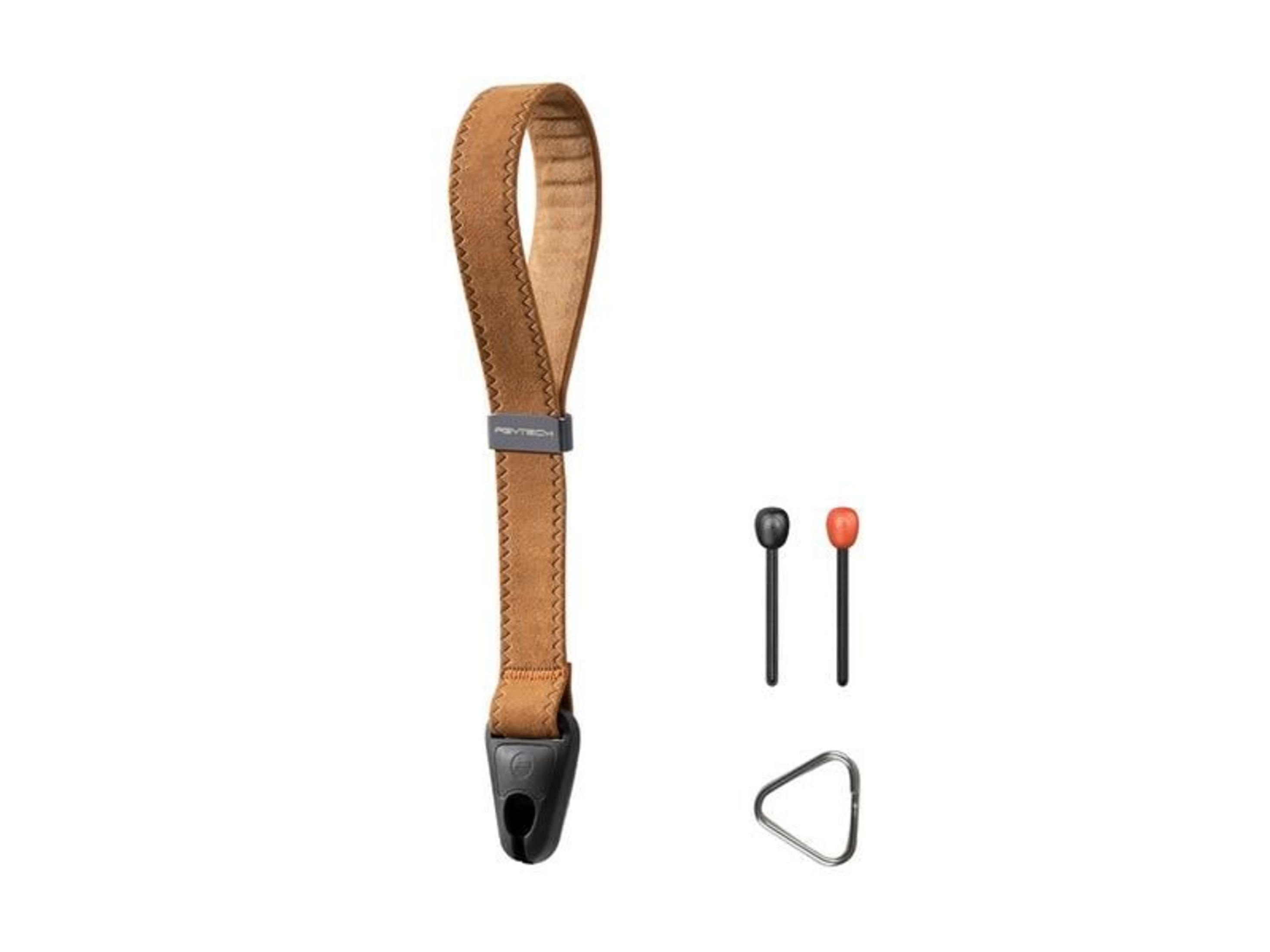 Brązowy skórzany pasek z czarnym złączem, dwa bolce (czarny i pomarańczowy) oraz pierścień trójkątny.