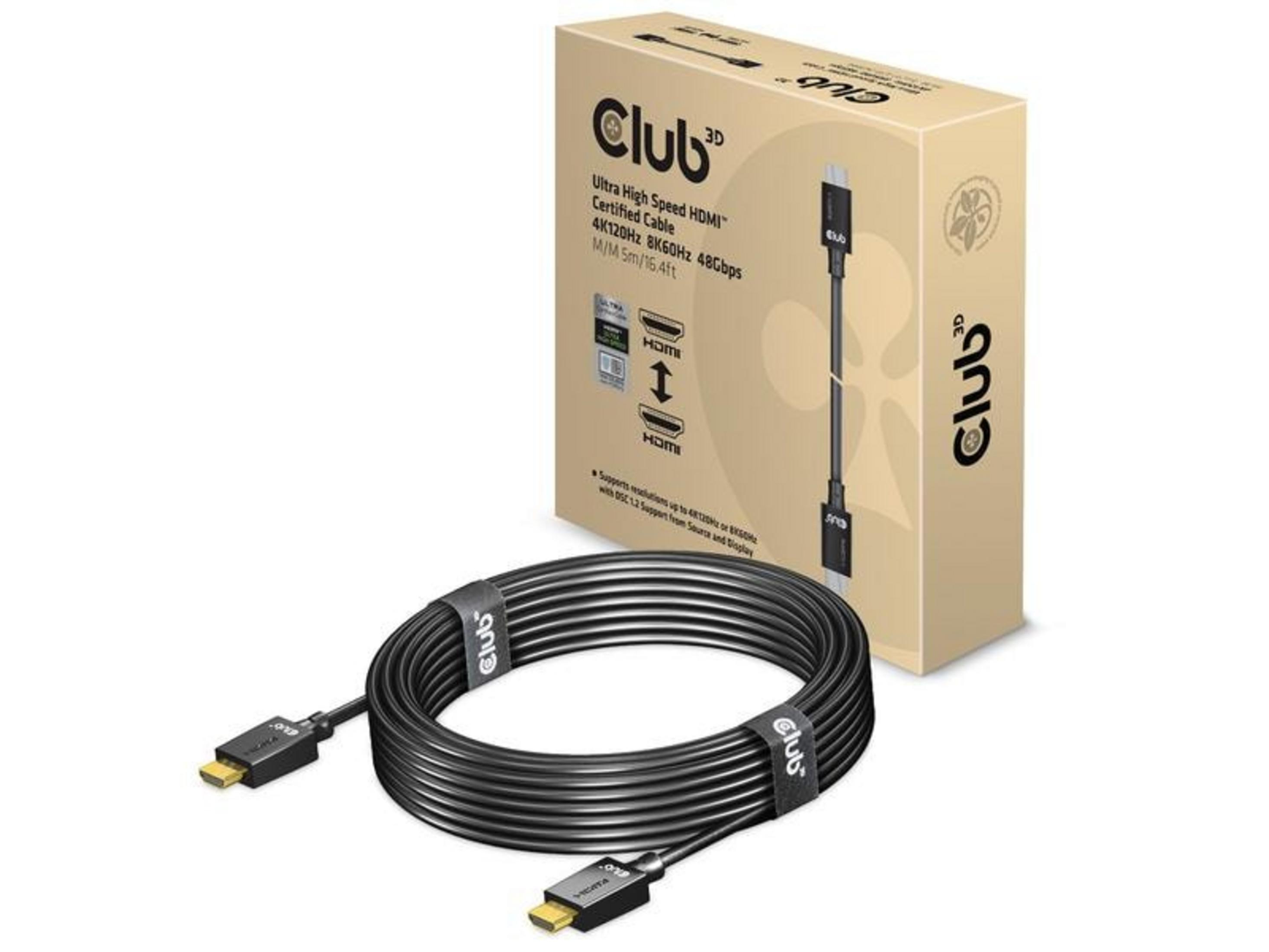 Ein aufgerolltes schwarzes HDMI-Kabel mit goldenen Anschlüssen und einer Verpackung.
