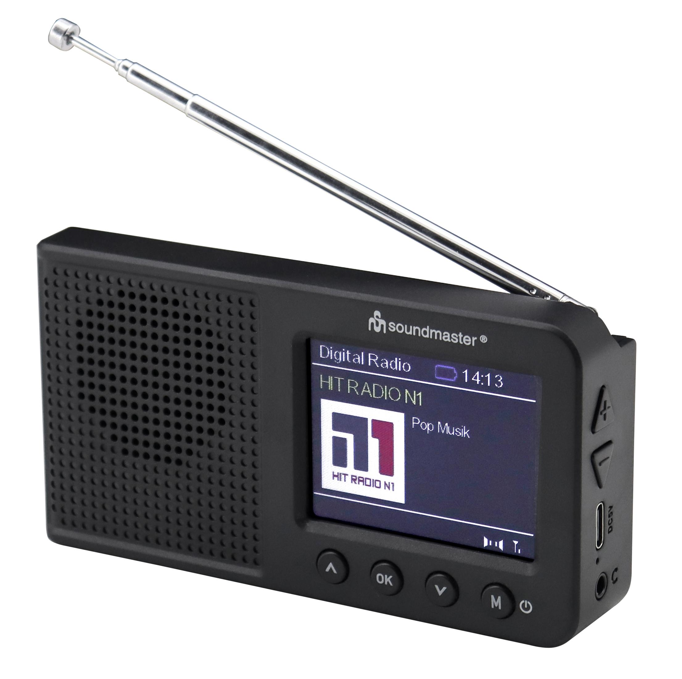 Radio numérique Soundmaster noire avec antenne déployée et écran.