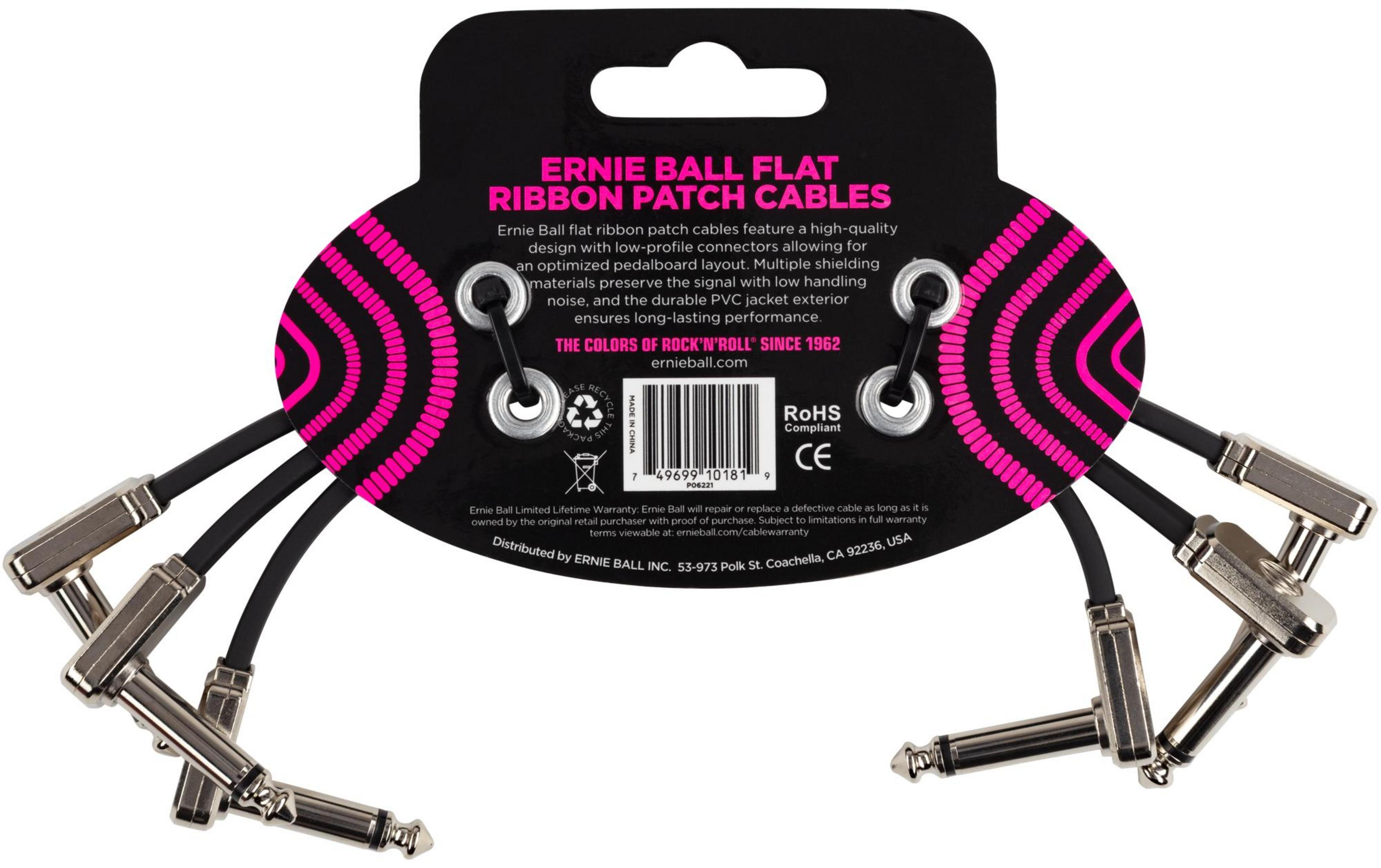 Cavi Ernie Ball Flat Ribbon Patch con connettori metallici e motivo rosa/nero.