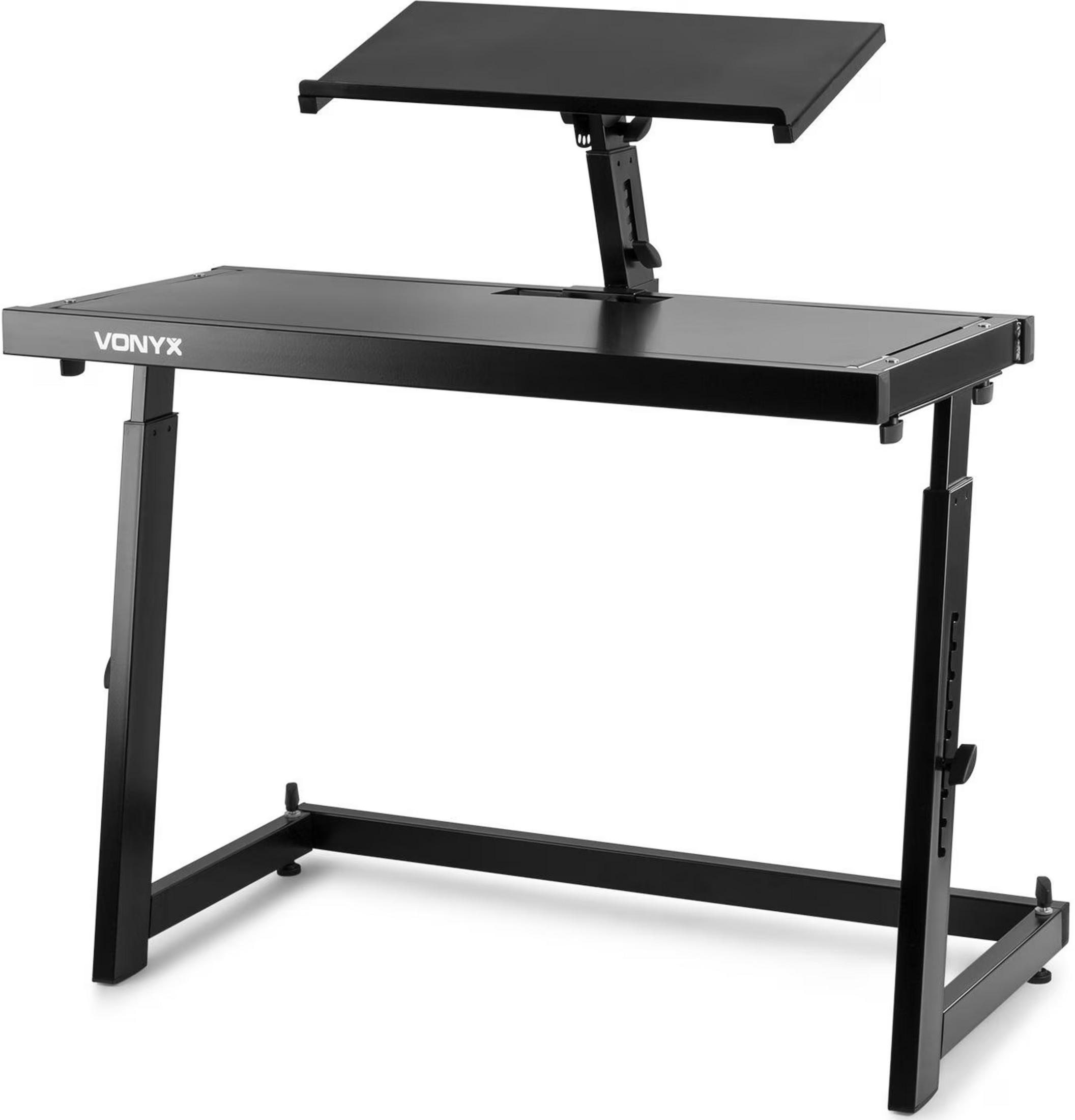 Mesa DJ negra, regulable en altura, de dos niveles y con logo VONYX.