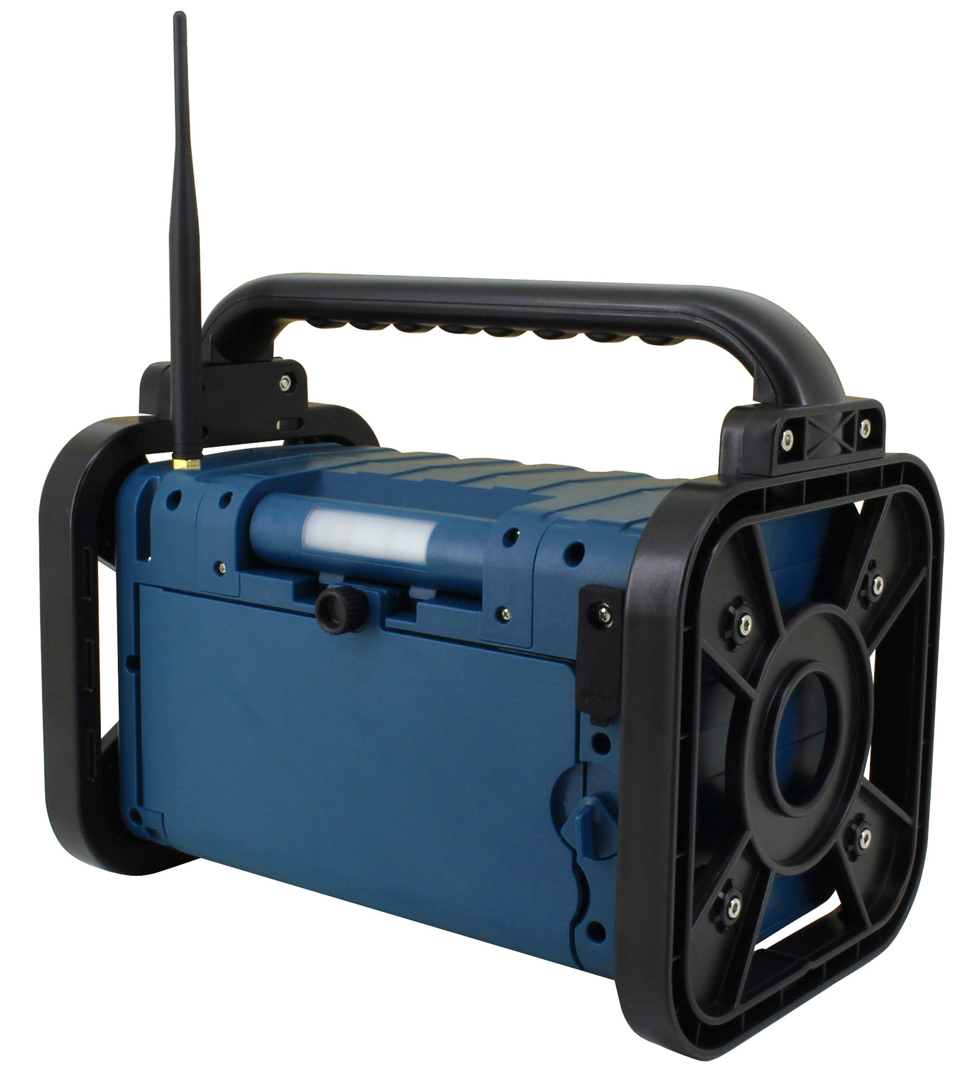 Blauer tragbarer Lautsprecher mit Antenne, Griff und schwarzem Gitter vorne.