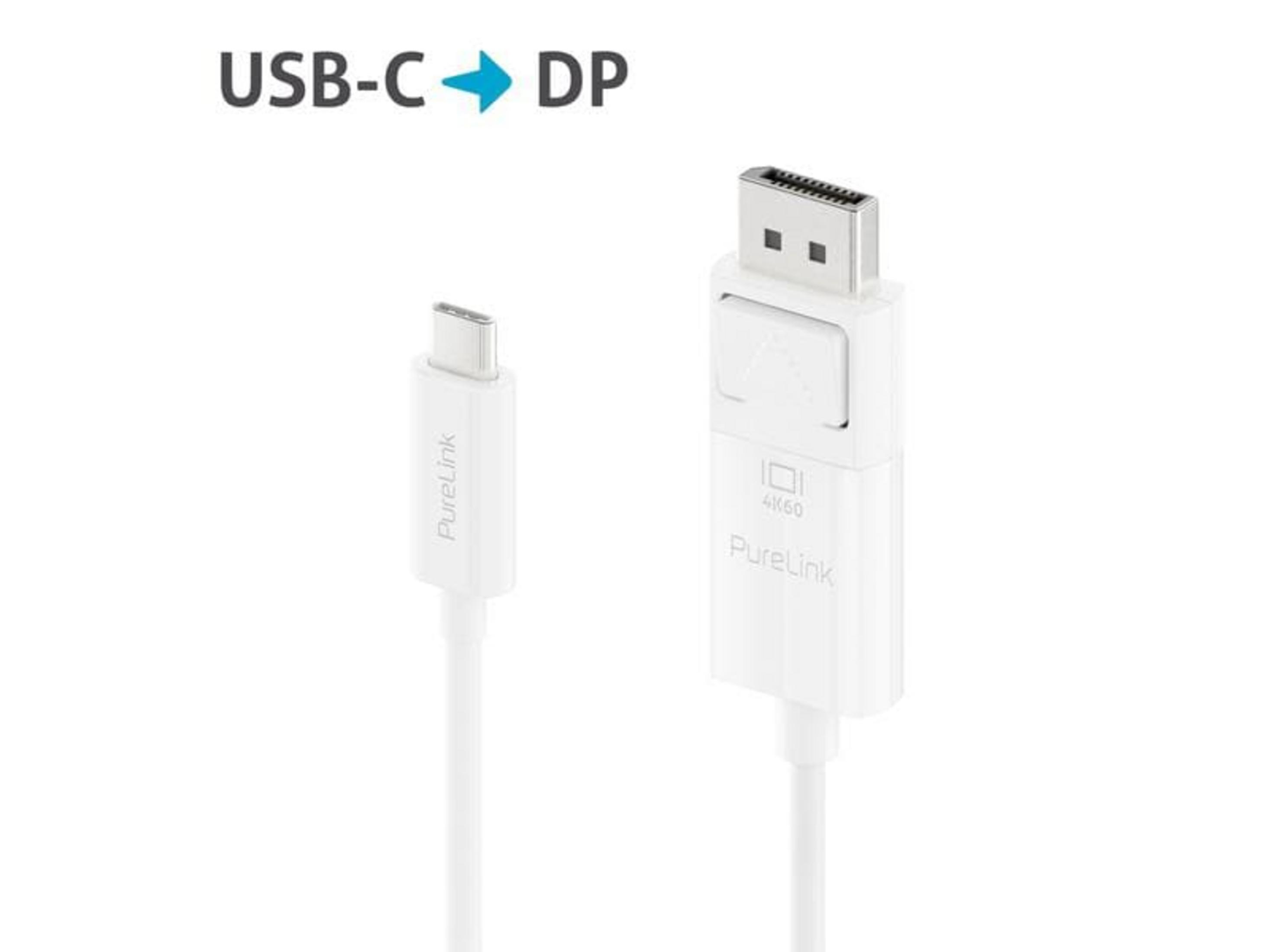 Weißes USB-C zu DisplayPort Kabel mit PureLink Logo und 4K60 Angabe.
