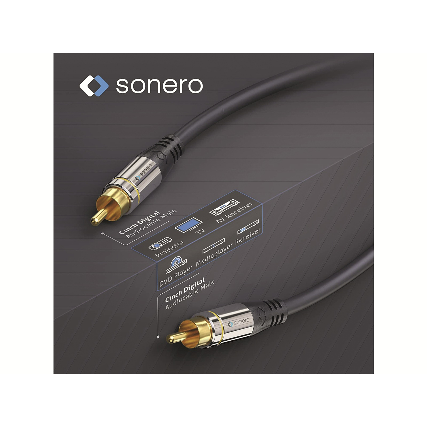 Sonero Cinch-Audiokabel mit goldenen Steckern, Anschlüsse für TV, Projektor, Receiver.
