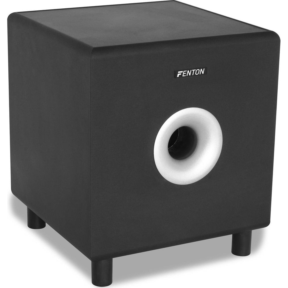 Subwoofer negro con recorte blanco para altavoz y anillo plateado.