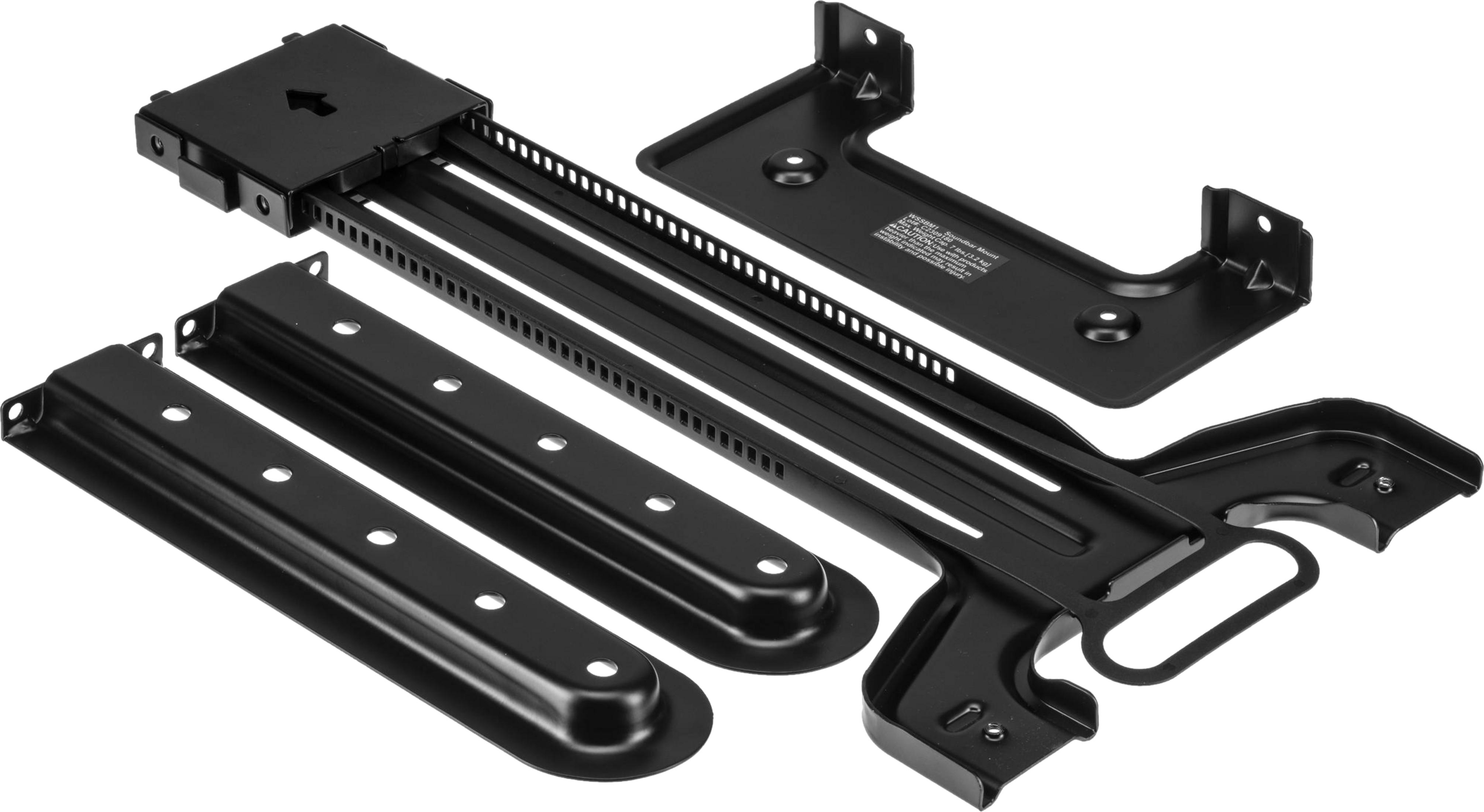 Black mounting parts, one with text label.