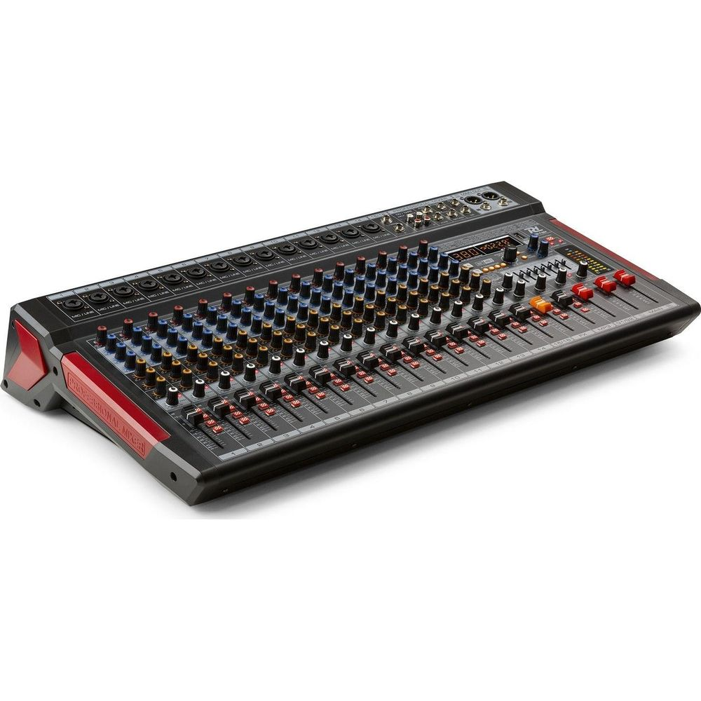 Una mesa de mezclas de audio negra con muchos mandos, deslizadores y detalles rojos.