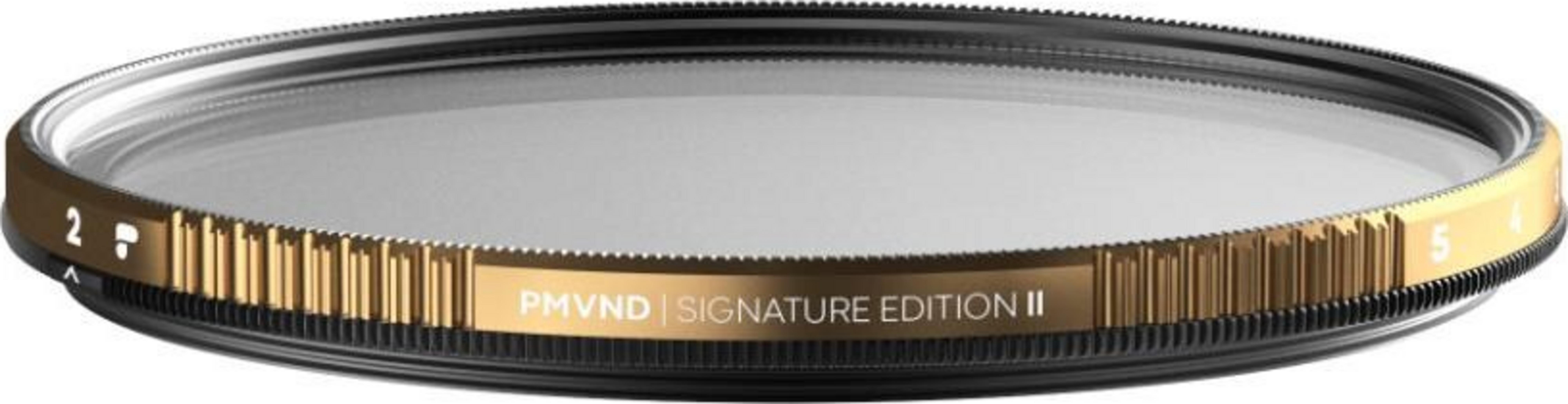 Un filtre photo doré avec des marques et le texte « PMVND | SIGNATURE EDITION II ».