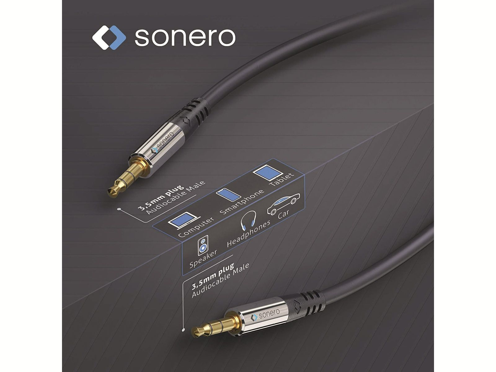 Sonero 3,5mm Audiokabel mit zwei Steckern für Computer, Smartphone, Tablet, Kopfhörer, Lautsprecher, Auto.