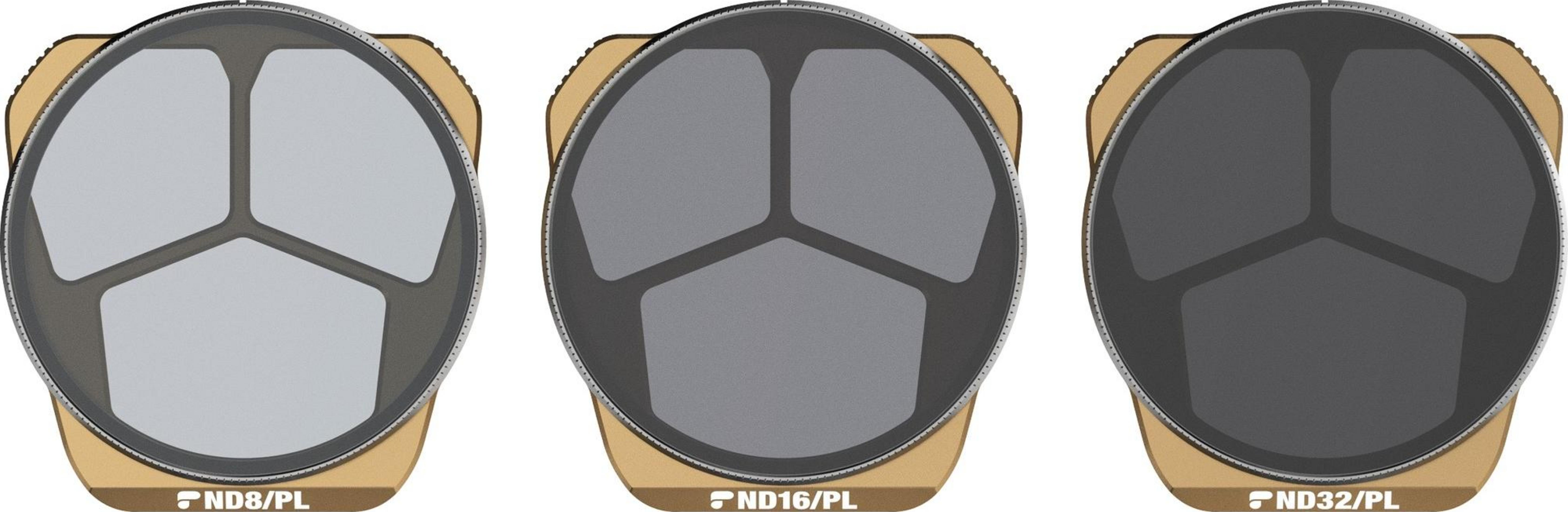 Trzy filtry ND/PL w różnych odcieniach szarości obok siebie.