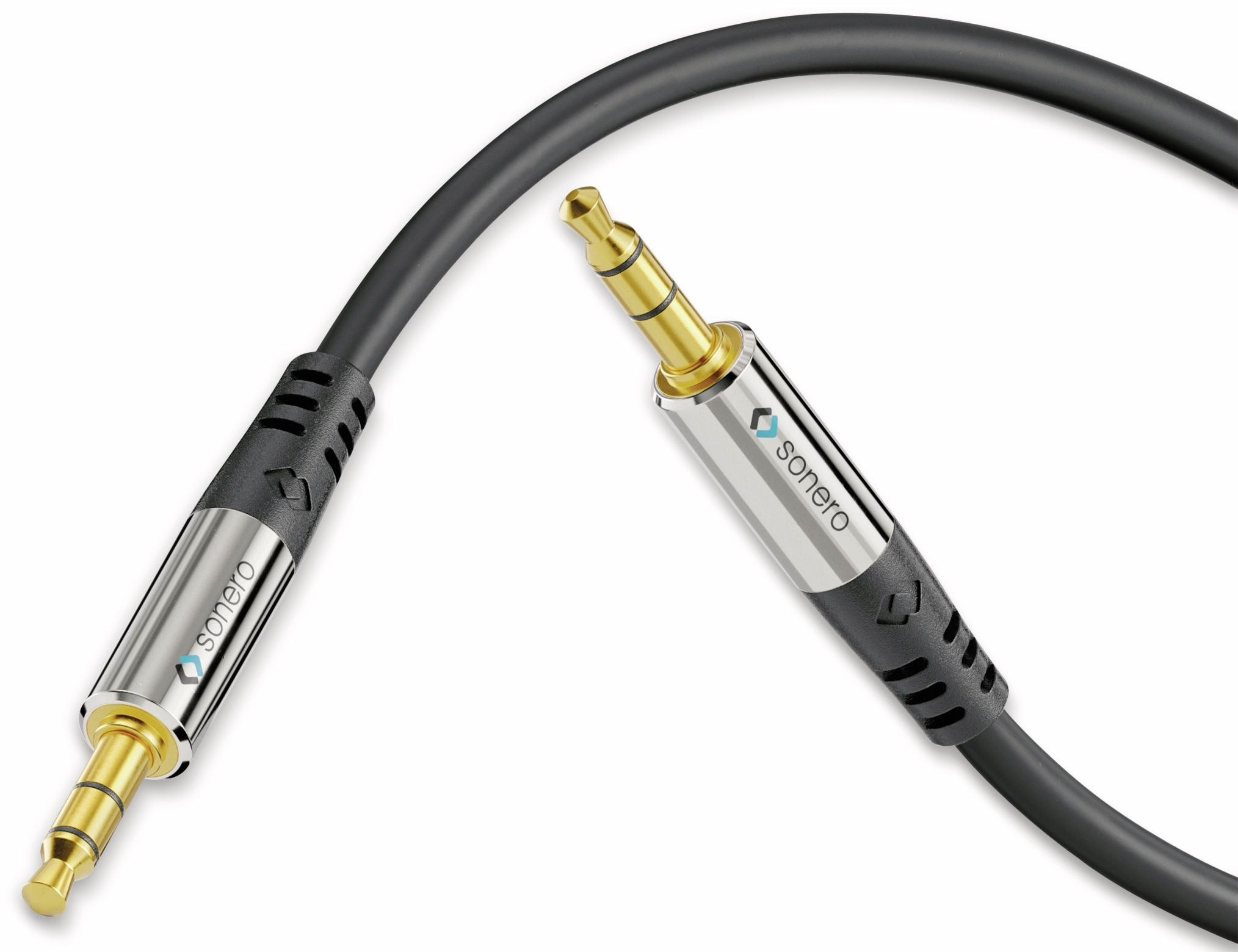 Un cavo audio nero con due connettori placcati oro da 3,5 mm.