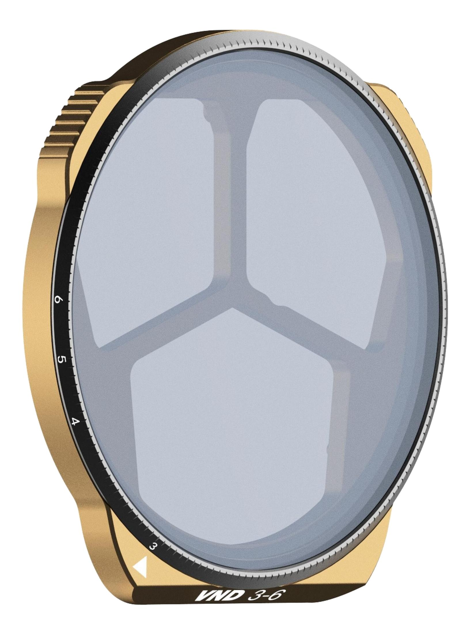 Złoty filtr obiektywu ze skalą 3-6 i szarą soczewką.