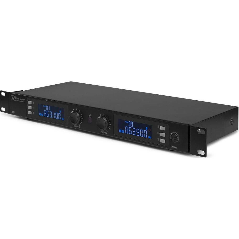 Black rack unit with two displays, knobs, and a power switch.