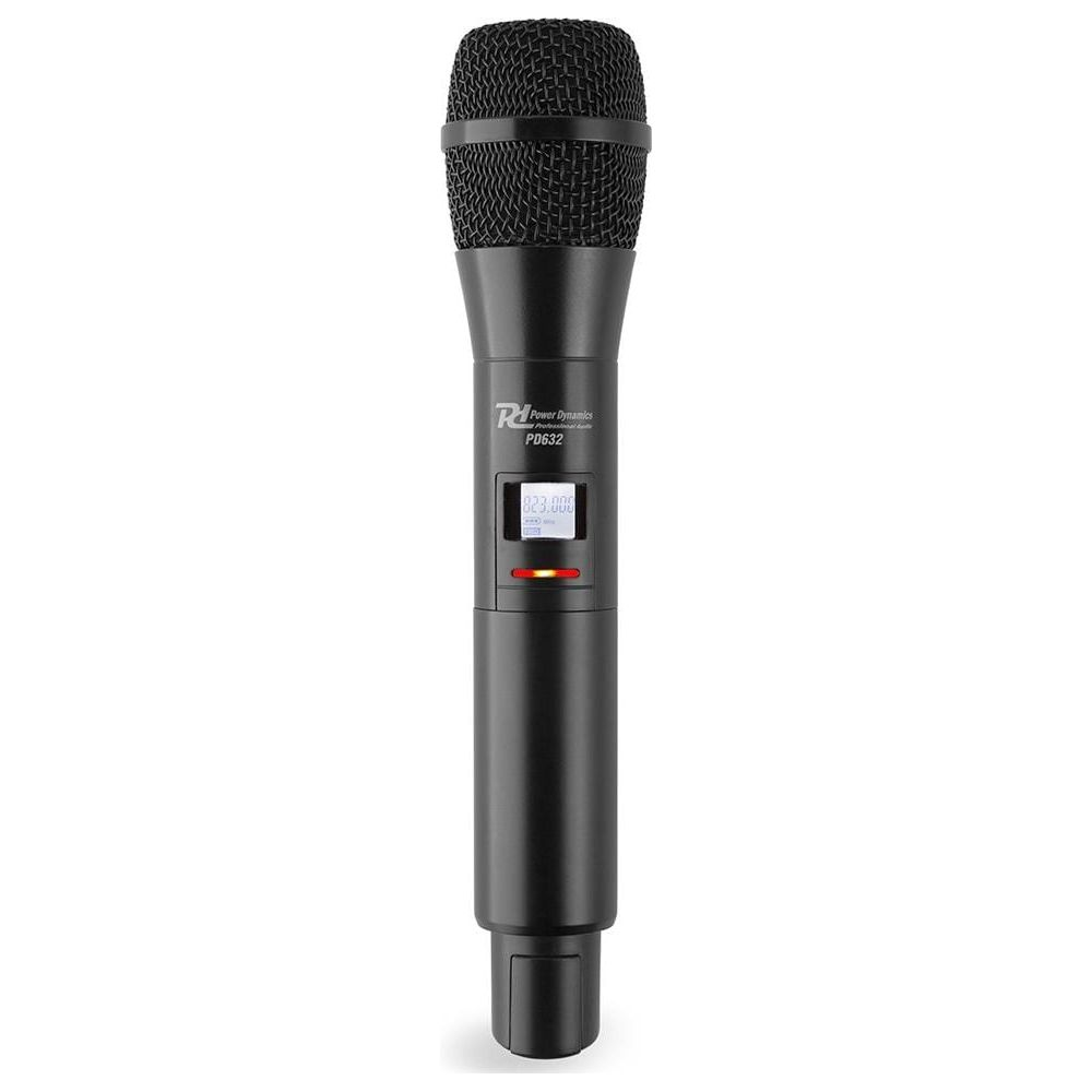 Black microphone with a digital display and a red indicator light.