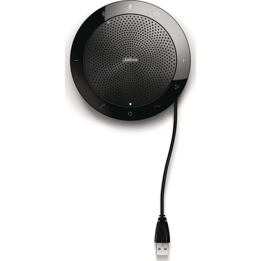 Schwarzes Jabra Konferenztelefon mit USB-Kabel und Bedienelementen.