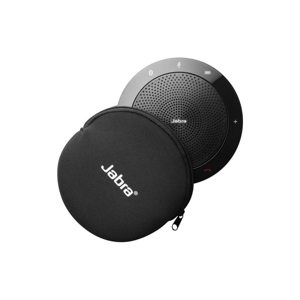 Ein schwarzes Jabra-Etui und ein Jabra-Lautsprecher mit Mikrofon.