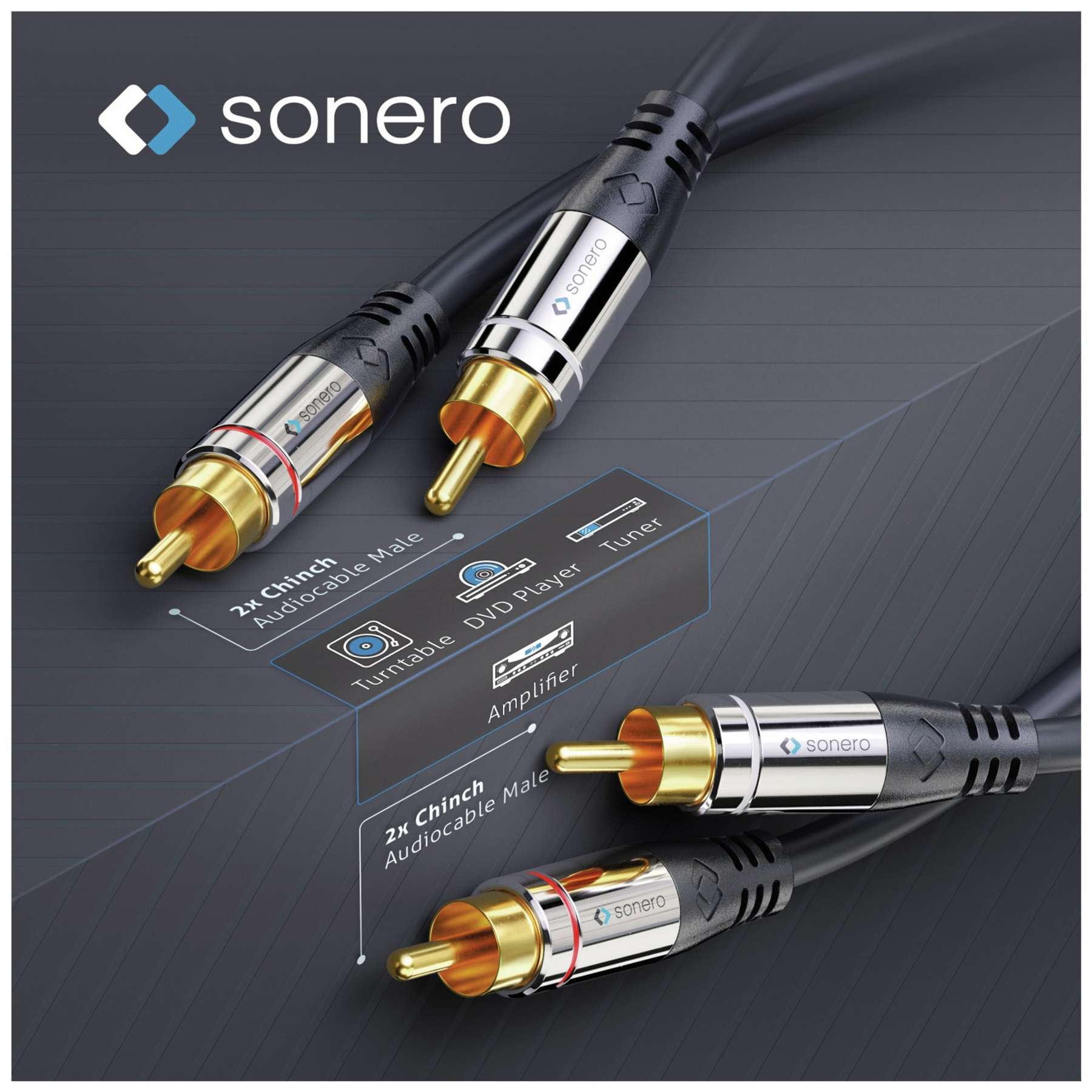 Zwei vergoldete Cinch-Audiokabel mit Sonero-Logo auf dunklem Hintergrund.