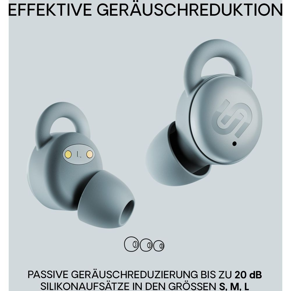 Dwa szare słuchawki na szarym tle. Jeden pokazuje 'L', drugi 'R'.