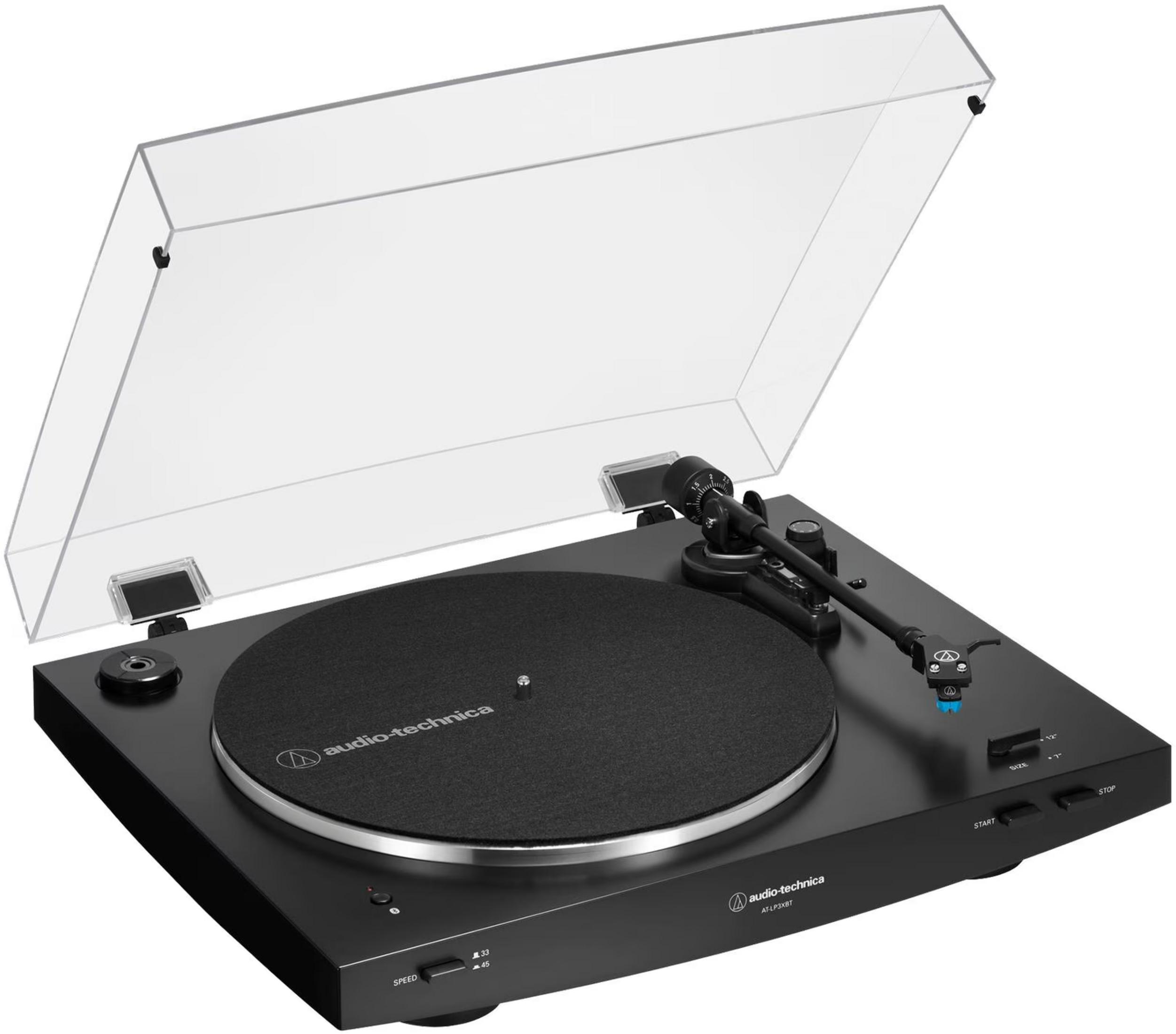 Tocadiscos negro con tapa transparente, brazo y controles. Logo Audio-Technica.