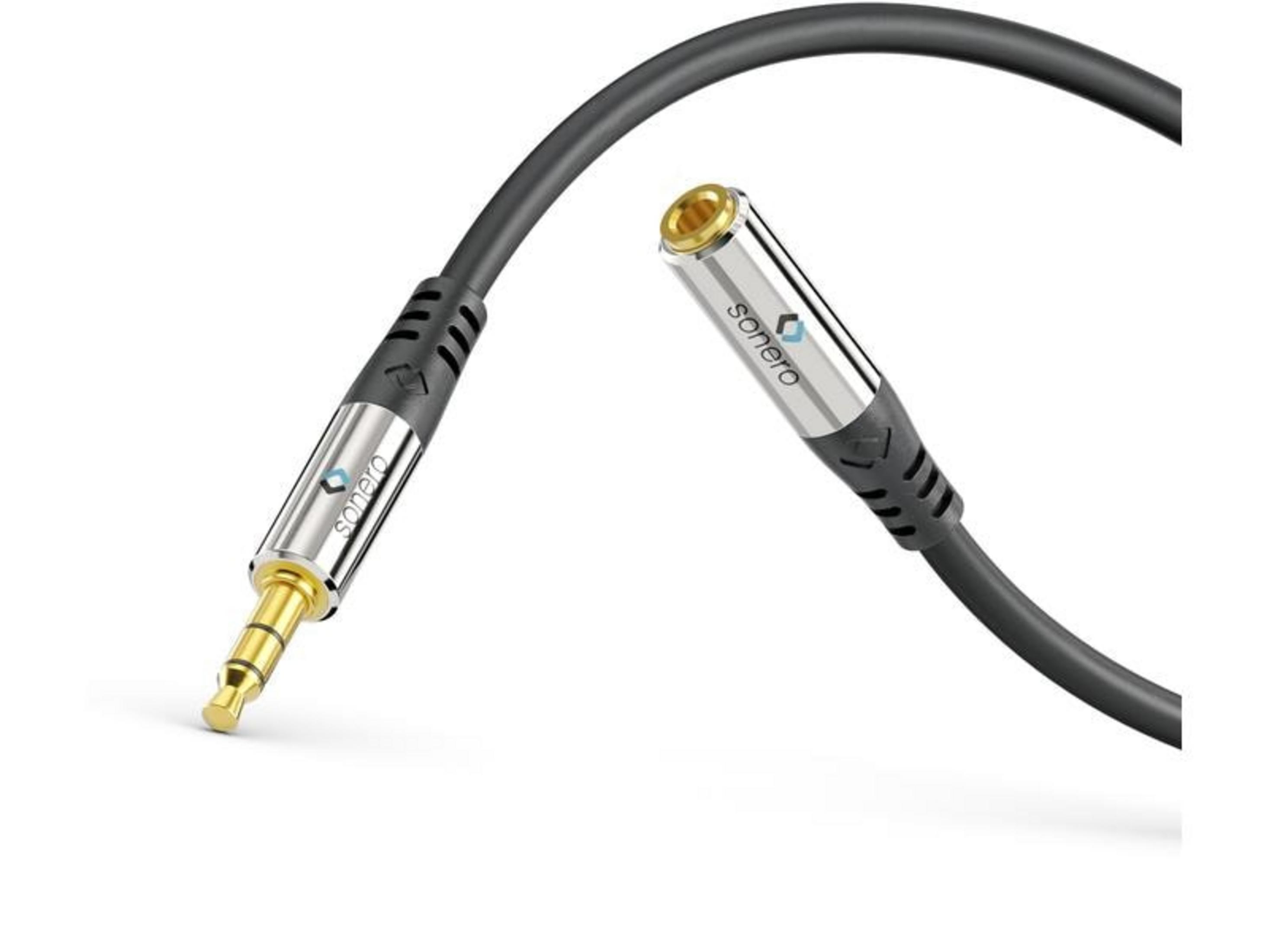 Câble audio noir et gris avec prise mâle et femelle de 3,5 mm.
