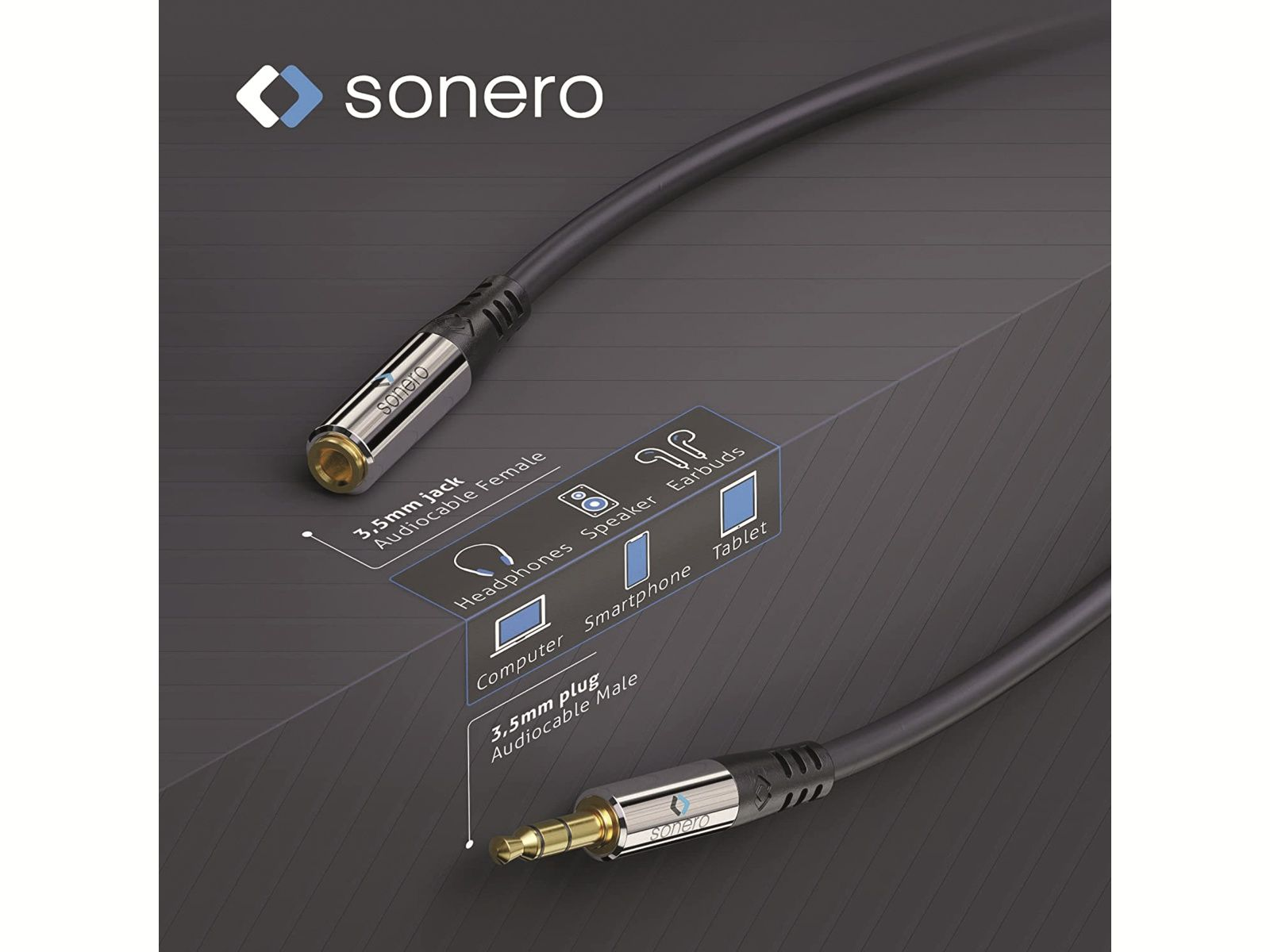 Câble audio Sonero 3.5mm : connecteurs femelle et mâle, pour appareils.