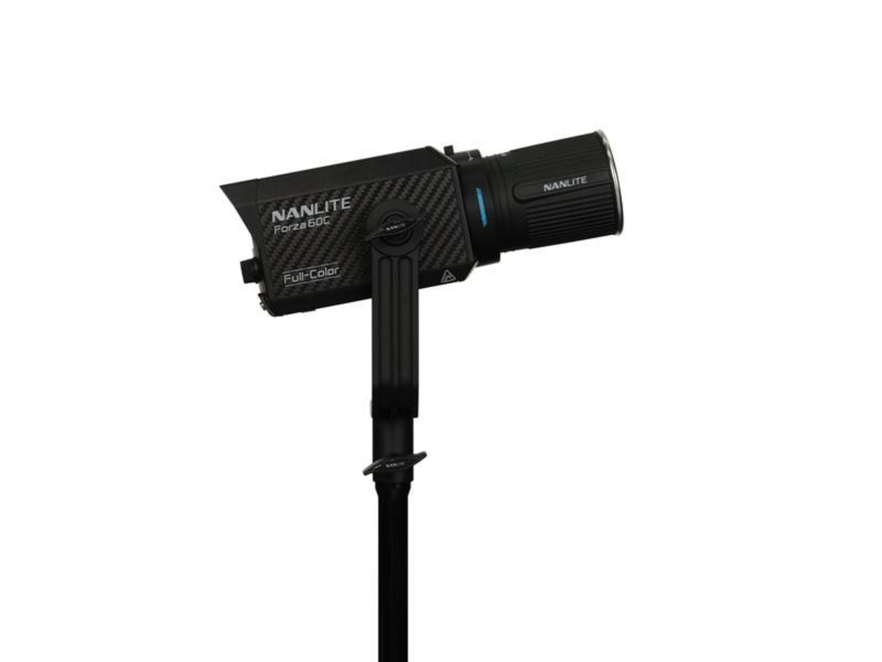 A black Nanlite Forza 60C light with carbon fiber accents, mounted on a stand.