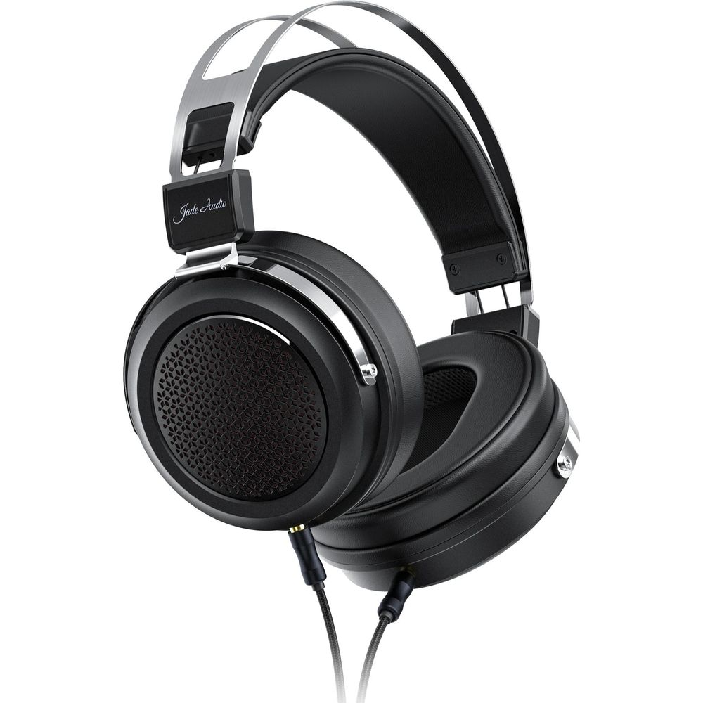 Casque supra-auriculaire noir avec accents argentés et cordon tressé.