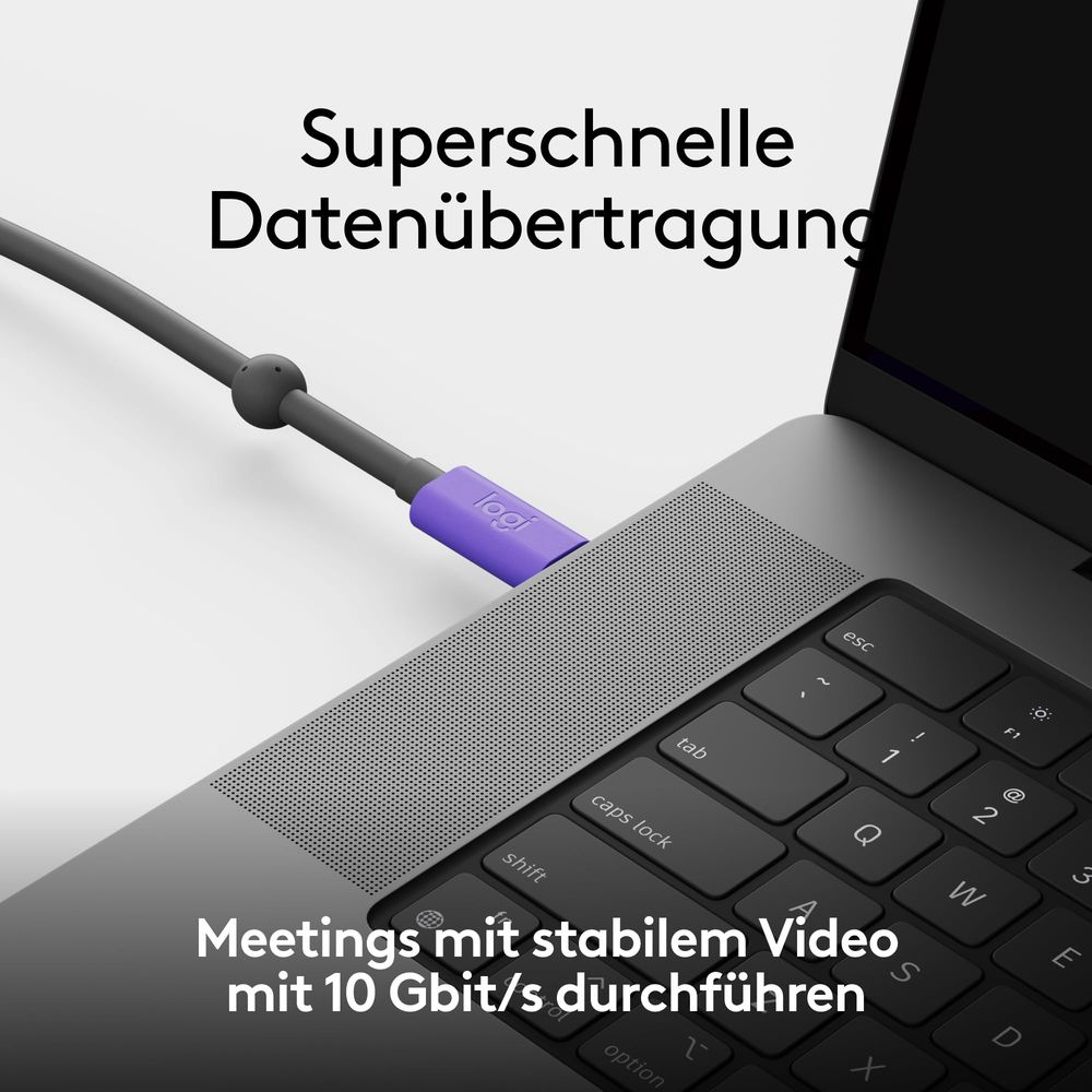 Un cavo Logi viola collegato a un laptop. Testo: Trasferimento dati superveloce.