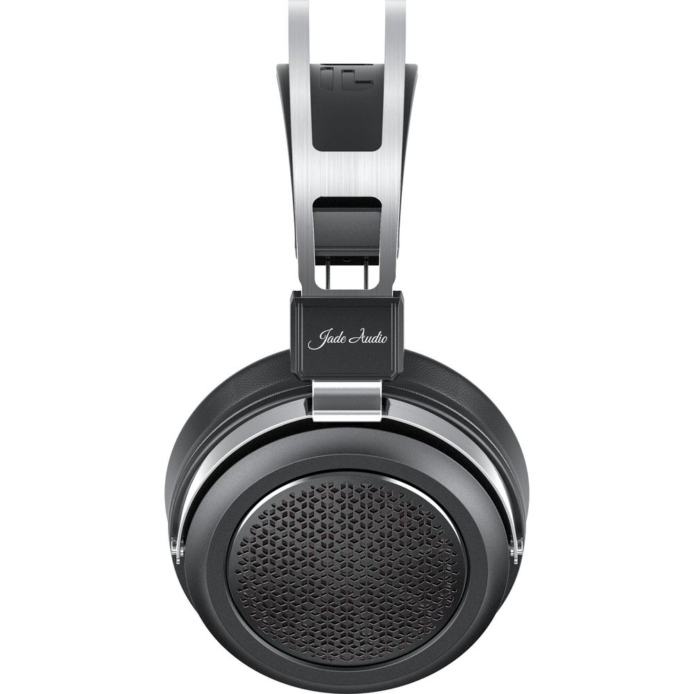 Casque noir et argent avec logo Jade Audio. Motif de grille sur les écouteurs.