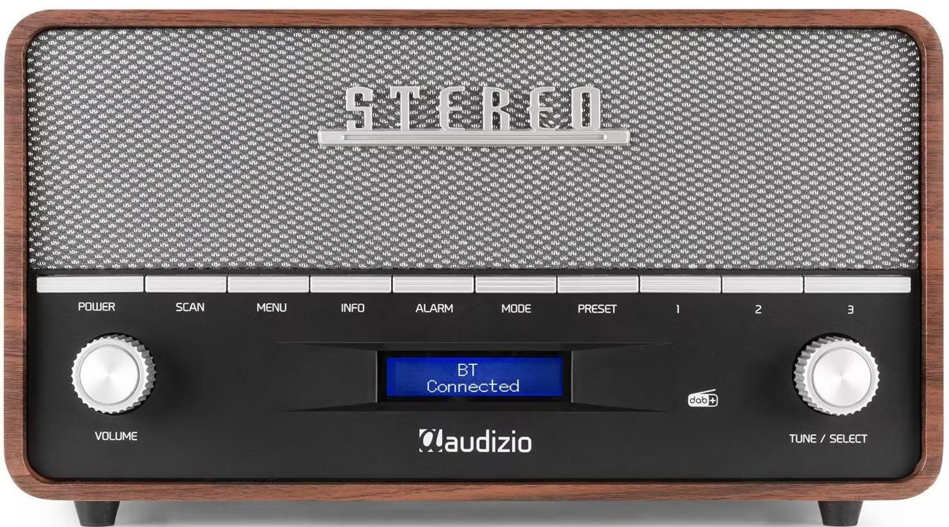Ein Holzradio mit silbernen Knöpfen und einem blauen Bildschirm.
