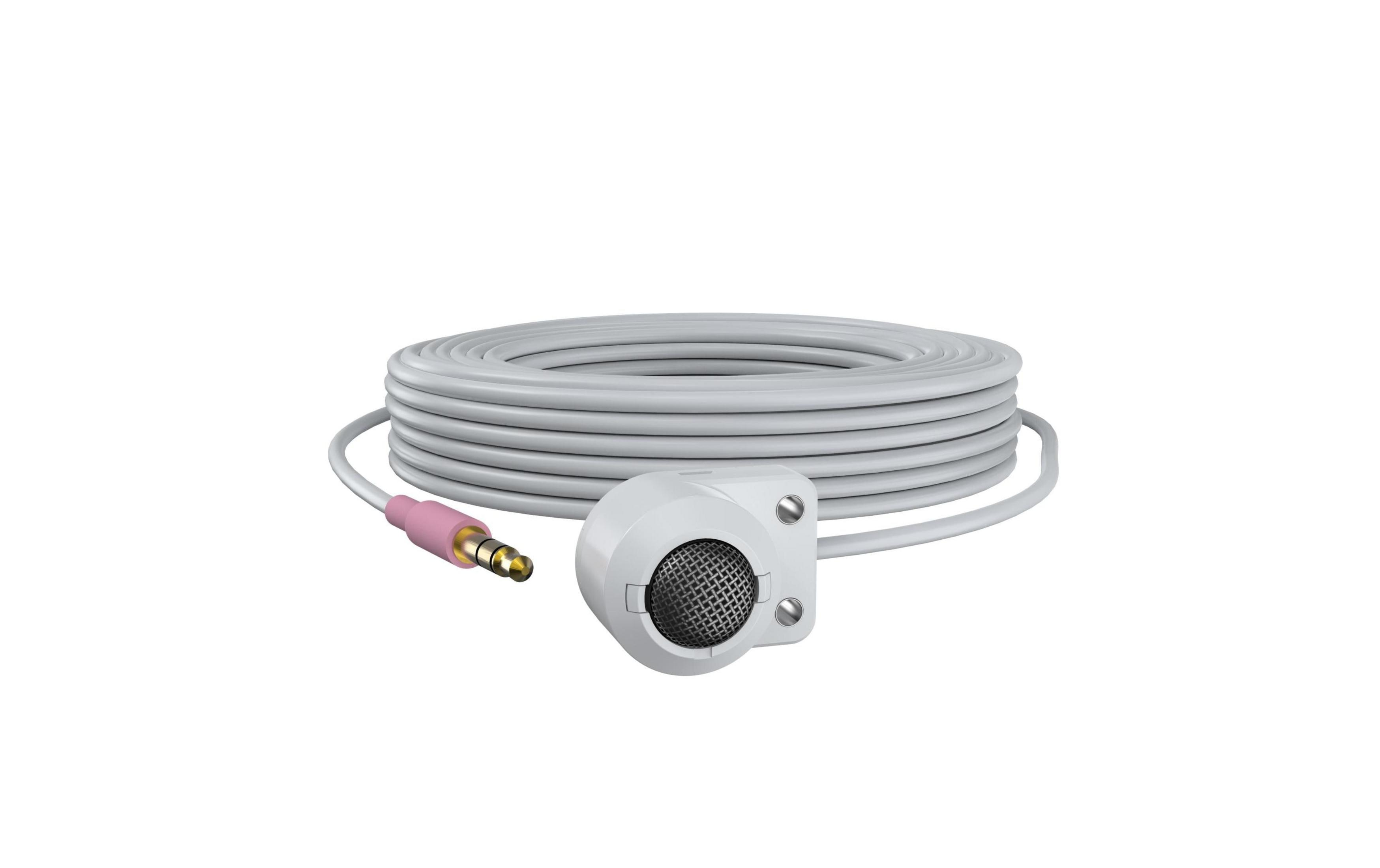 Biały mikrofon z srebrną kratką, podłączony do zwiniętego szarego kabla i różowej wtyczki.