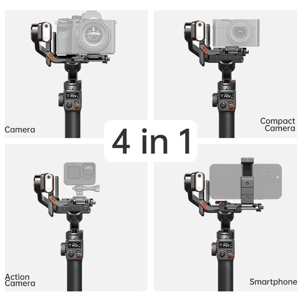 Cztery ujęcia: Gimbal z aparatem, aparatem kompaktowym, kamerą sportową, smartfonem.