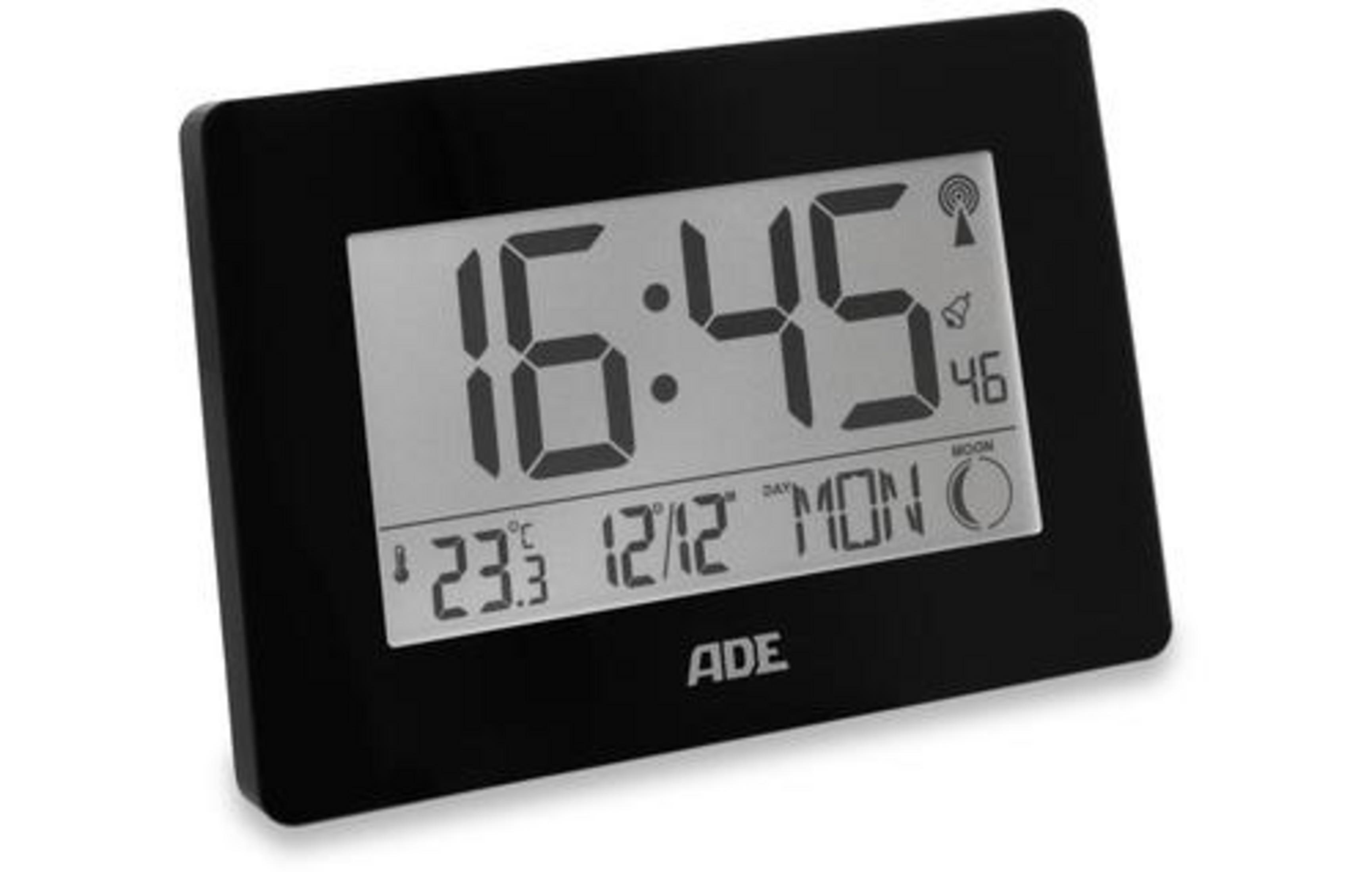 Schwarzer Digitalwecker zeigt 16:45, 23.3 Grad und Montag, 12. Dez.