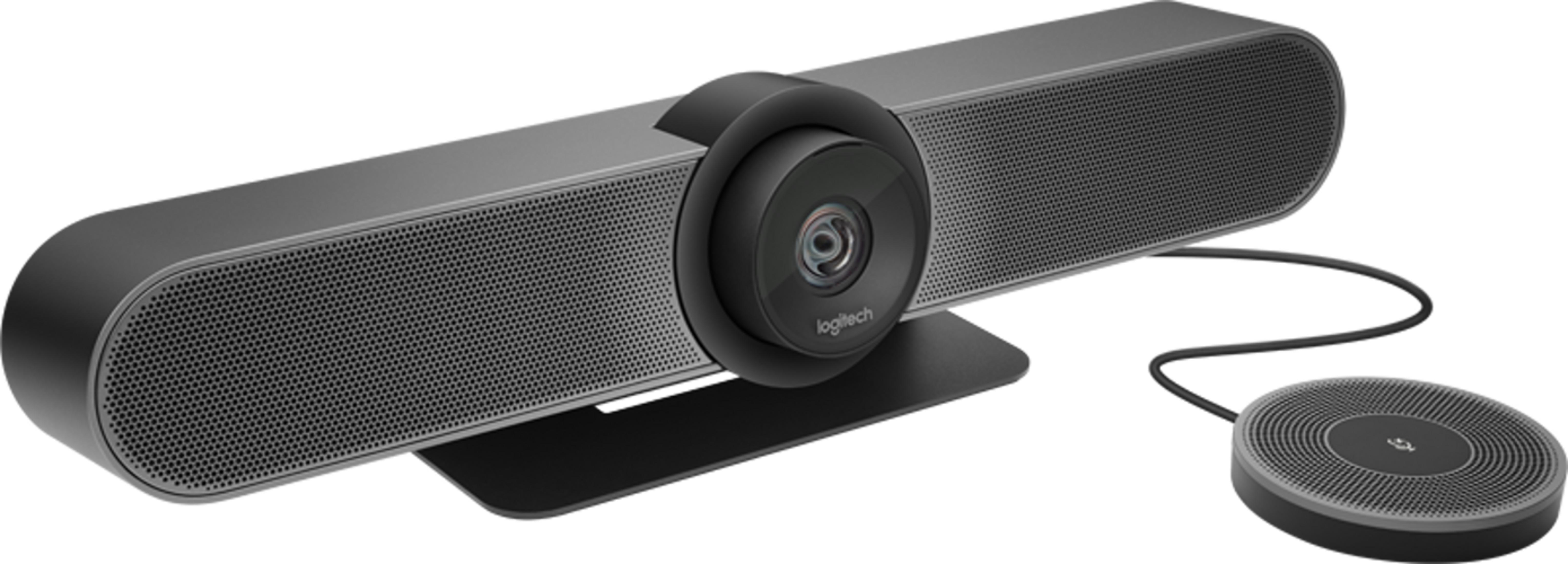 Een Logitech videoconferentieapparaat met camera en microfoon.