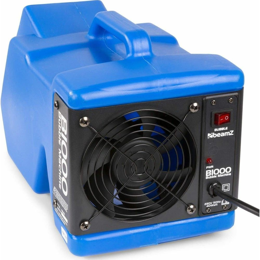 Máquina de burbujas azul con rejilla de ventilador negra, asa y controles.