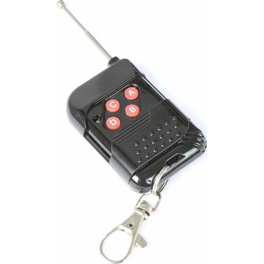 Mando a distancia negro con cuatro botones rojos y antena.