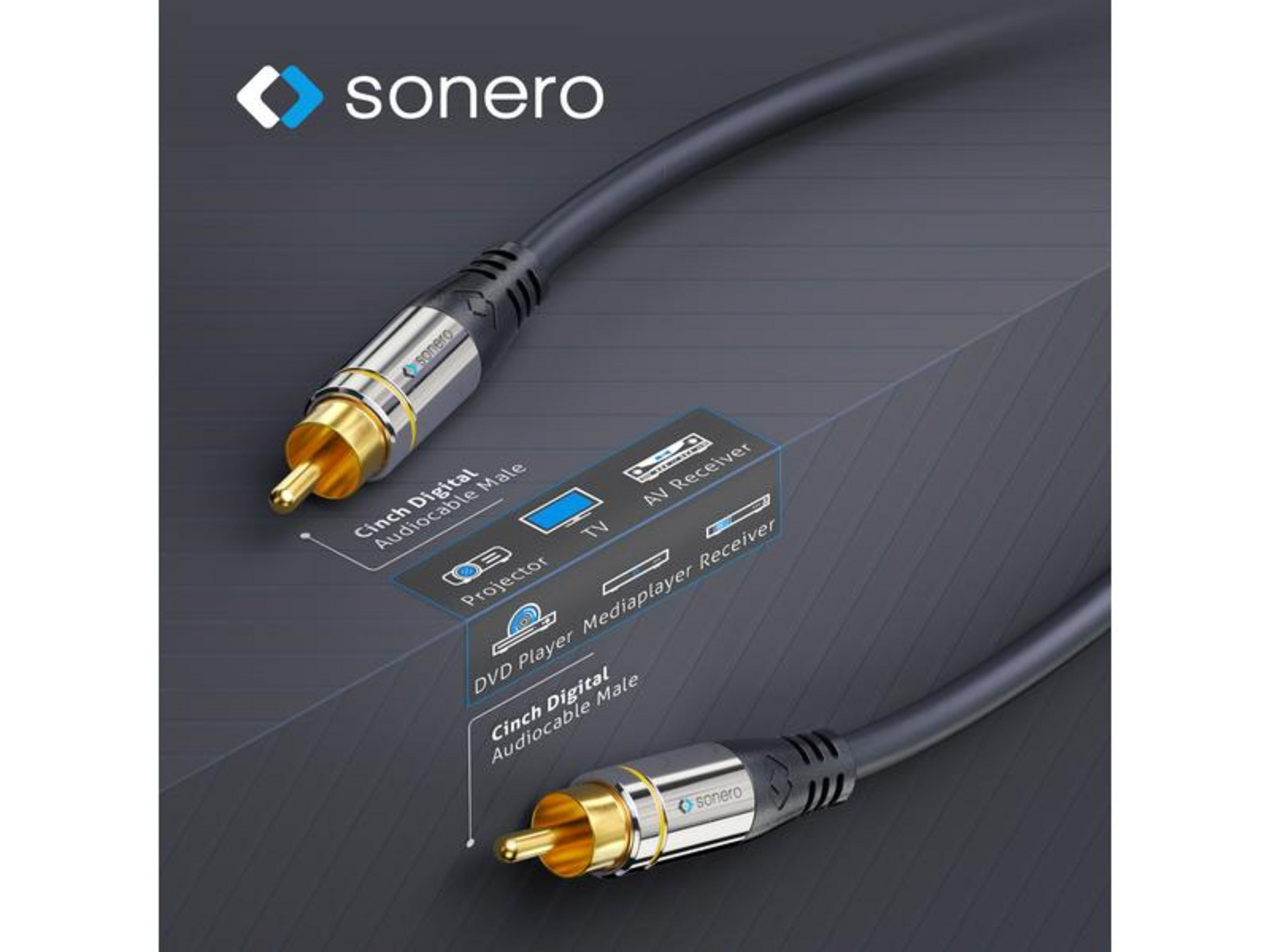 Ein schwarzes Audiokabel mit goldenen Anschlüssen und dem Sonero-Logo.