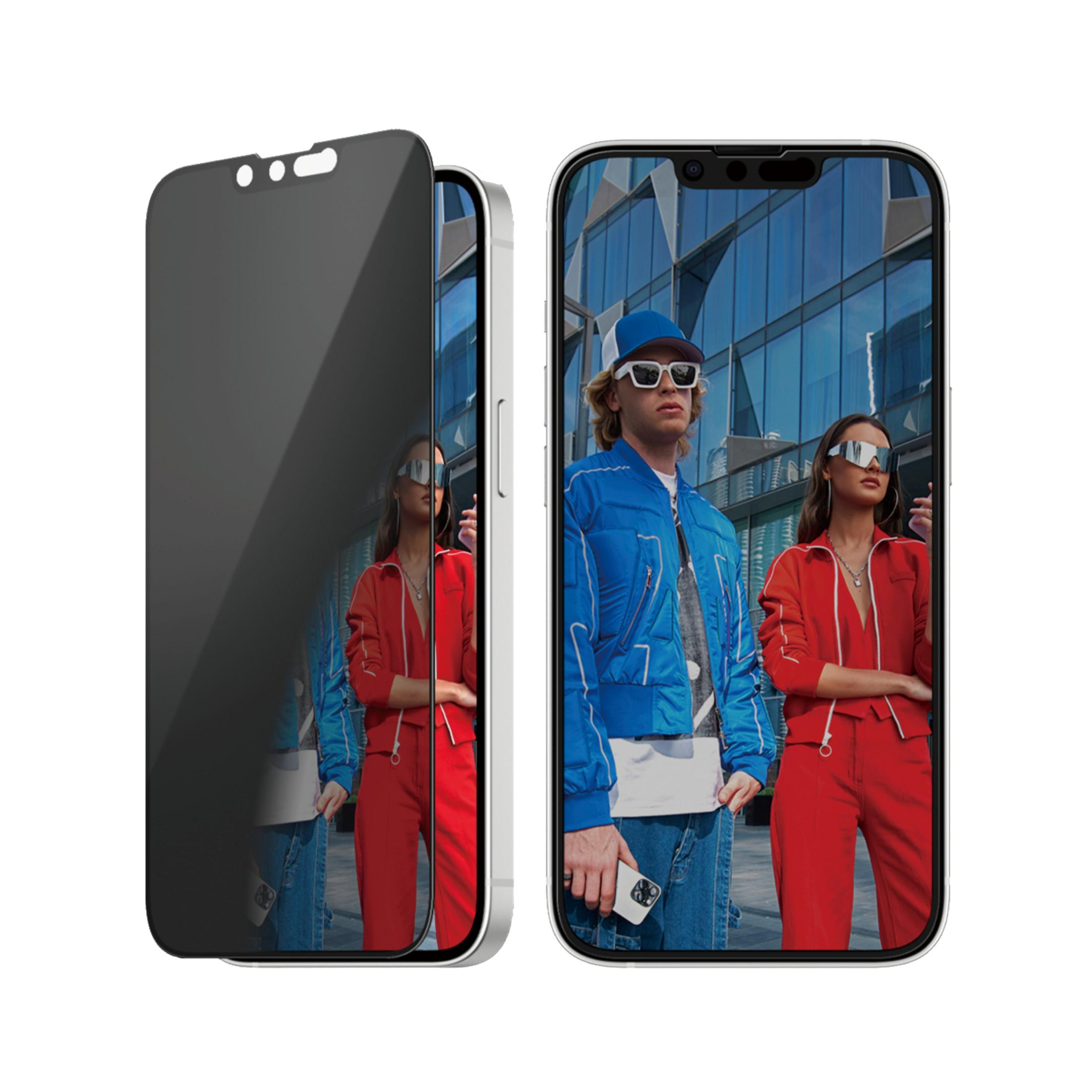 Una protezione schermo opaca a sinistra, uno smartphone con due persone a destra.