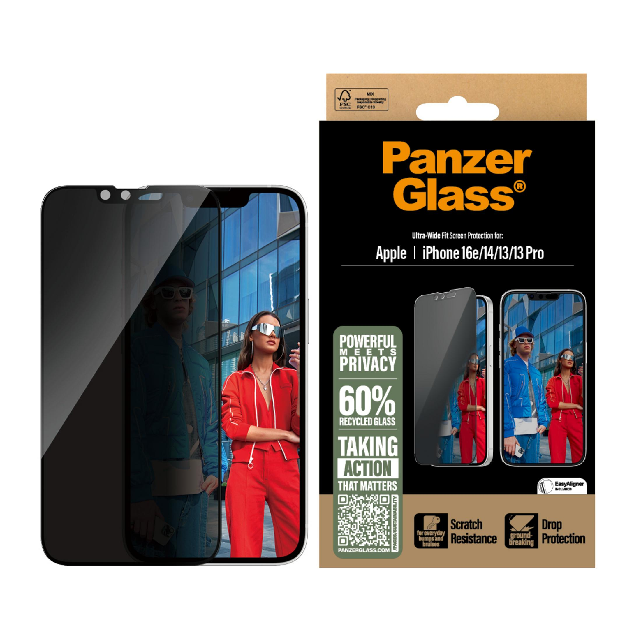 Confezione di protezione schermo Panzer Glass per iPhone con immagini di persone e caratteristiche.