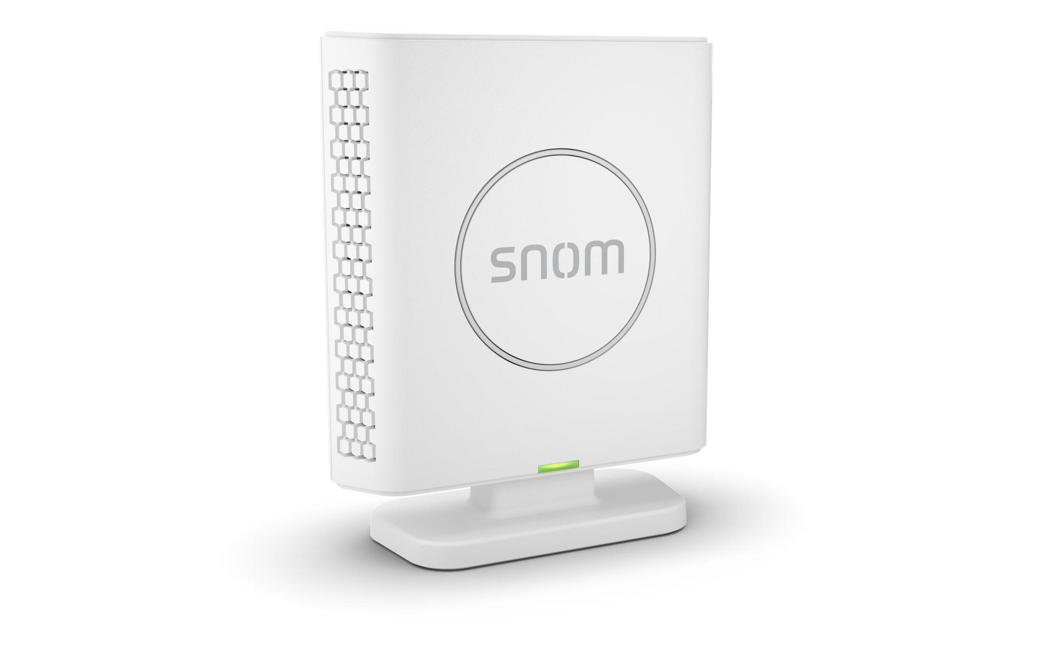 Un dispositivo SNOM blanco con logo circular y luz indicadora verde.