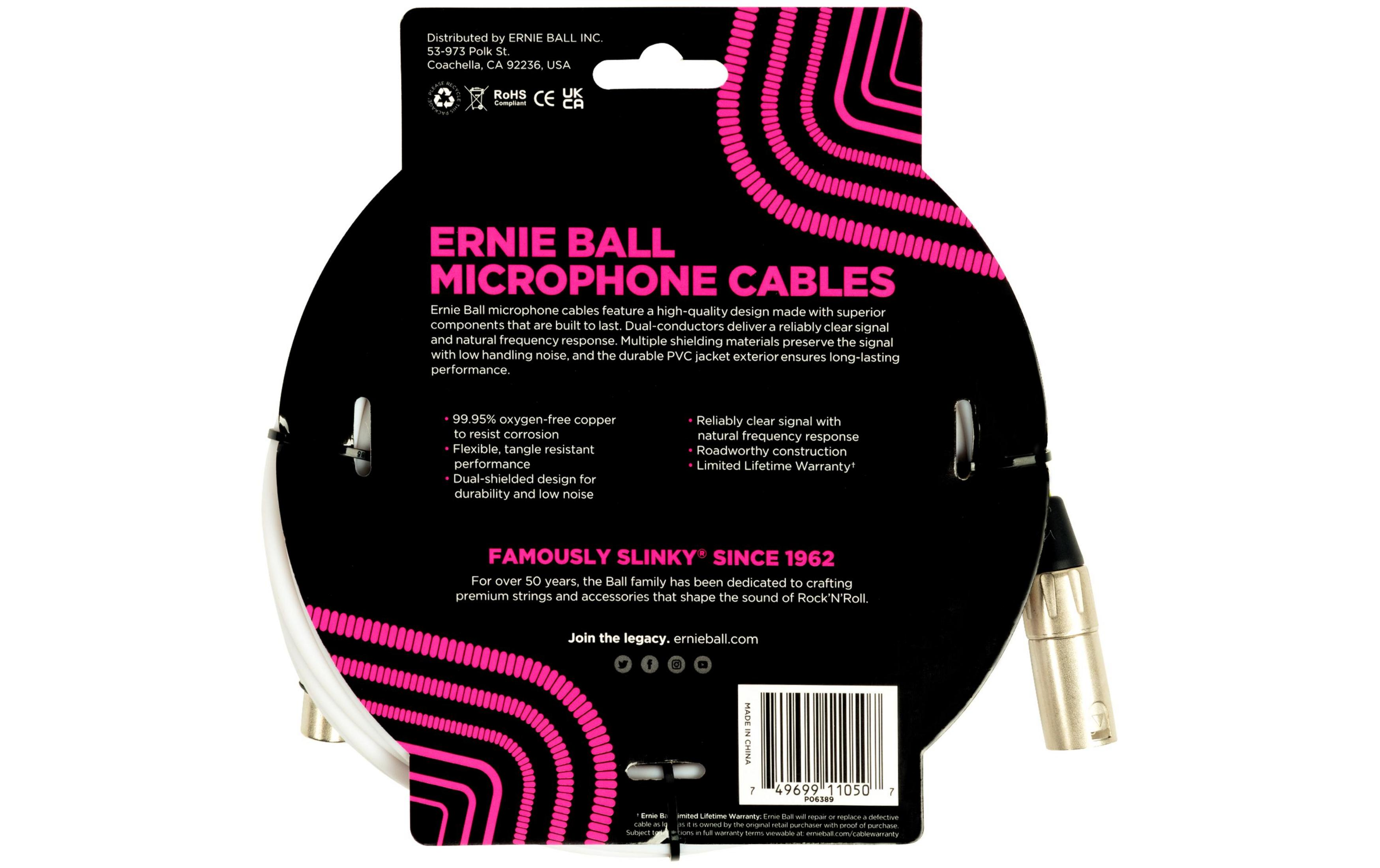 Confezione cavo microfono Ernie Ball con linee rosa e testo, mostra connettori.