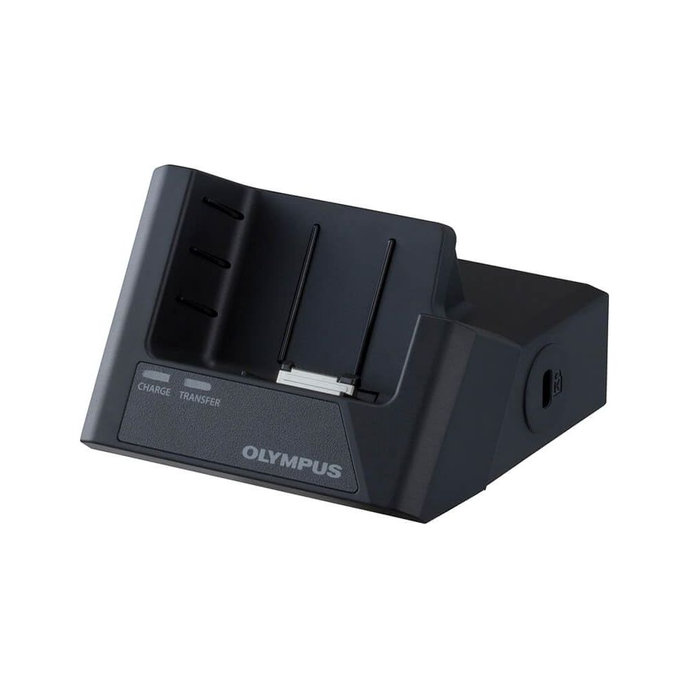 Schwarzer Olympus Ladeständer mit Lade-/Übertragungsanzeige und USB-Anschluss.