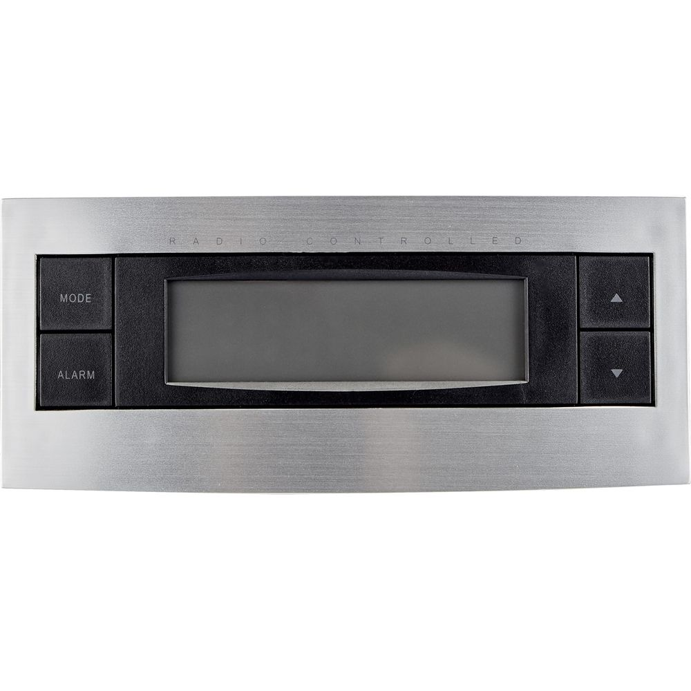 Ein silbernes Bedienfeld mit einem LCD-Bildschirm und Tasten für Modus und Alarm.