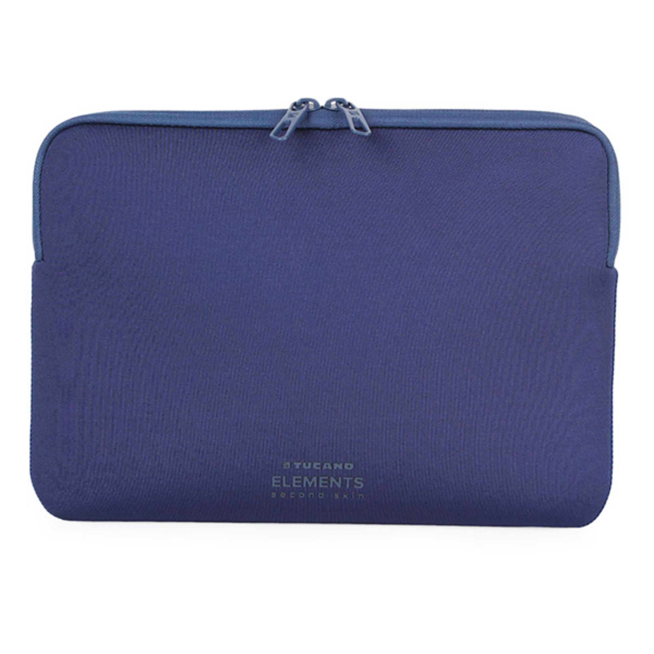 Donkerblauwe laptoptas met dubbele rits en logo op witte achtergrond.
