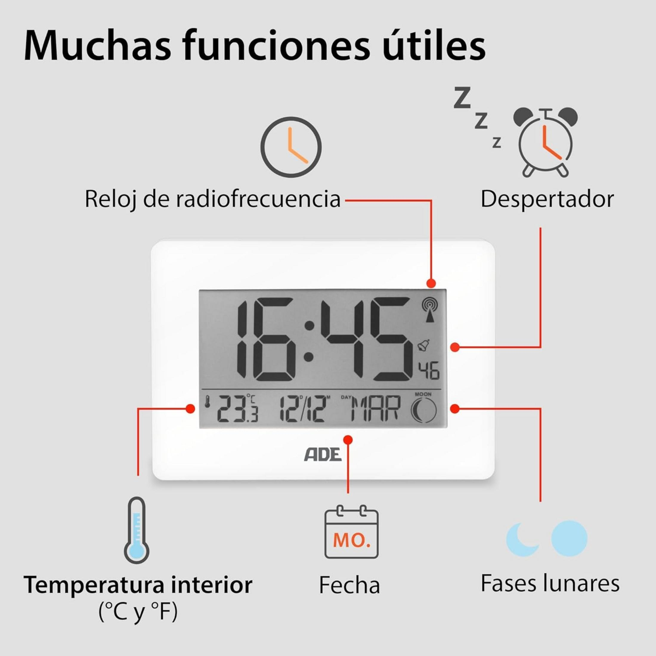 Digitaluhr zeigt 16:45, Temperatur, Datum und Mondphasen.