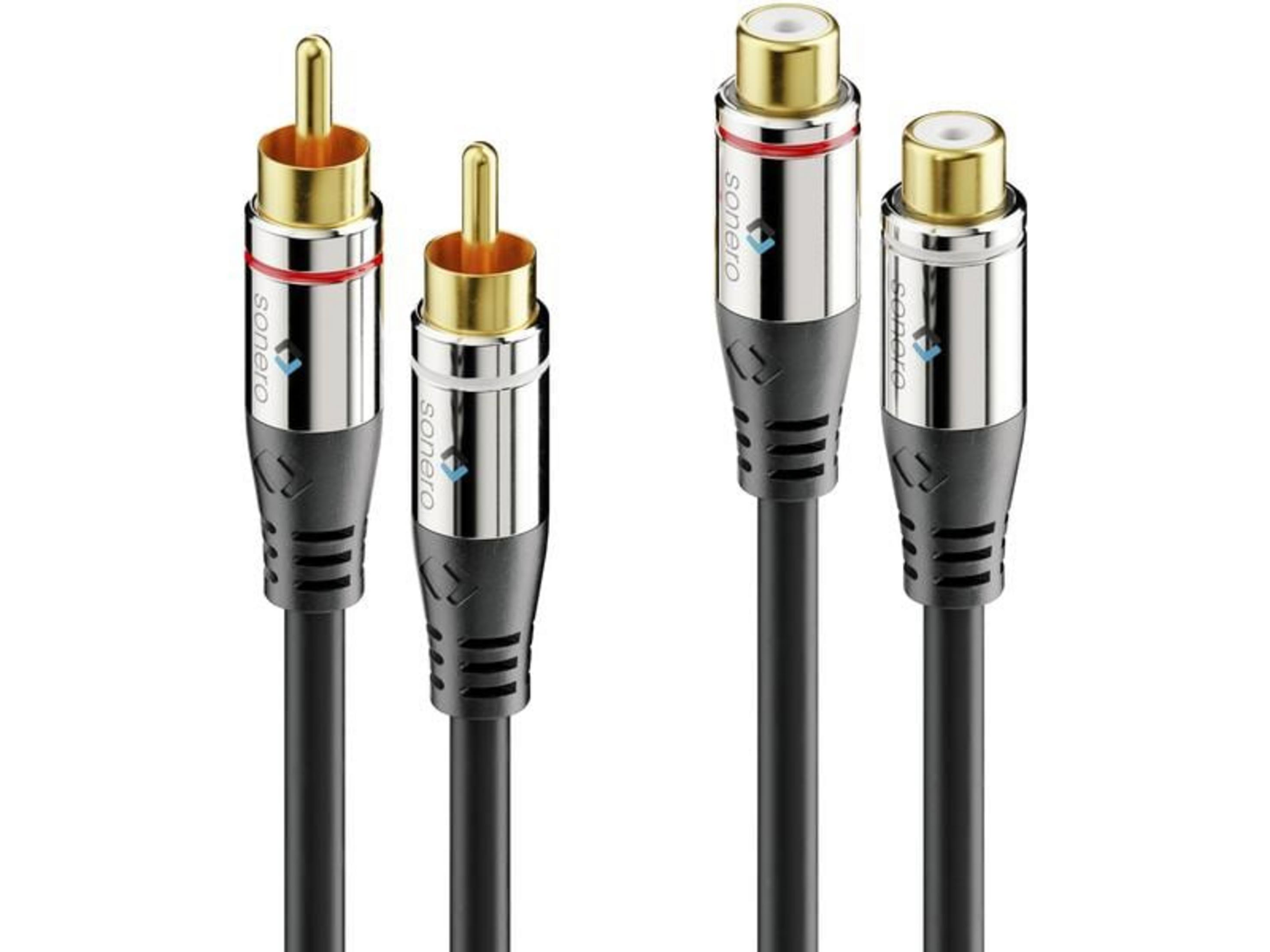 Zwei schwarze Audiokabel mit vergoldeten RCA-Steckern und silbernen Anschlüssen.