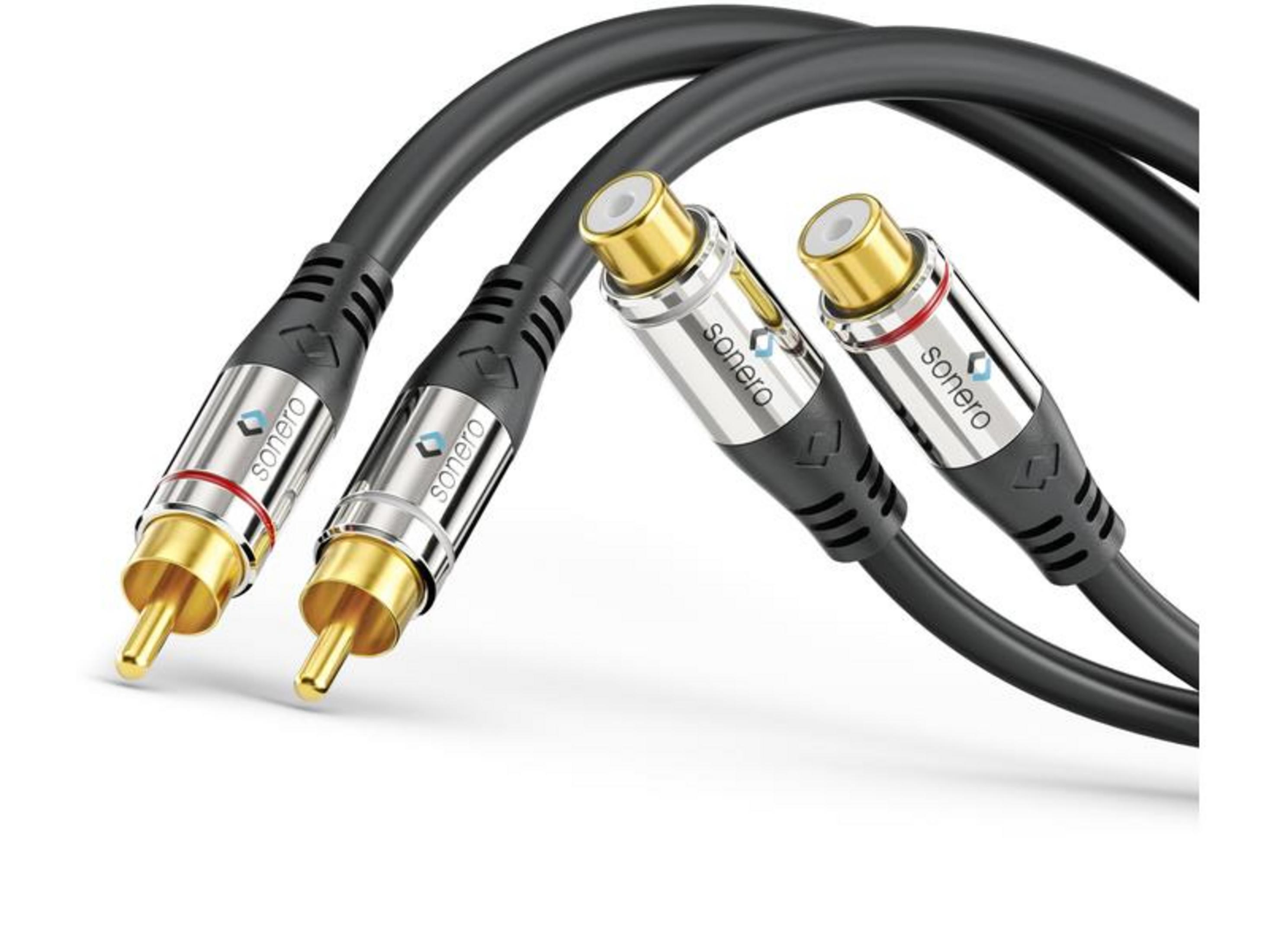Zwei schwarze RCA-Audiokabel mit goldenen Steckern und silbernen Anschlüssen.
