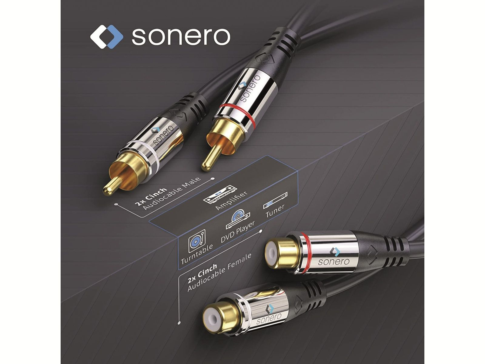 Zwei Sonero Cinch-Audiokabel, männlich und weiblich, mit vergoldeten Anschlüssen.