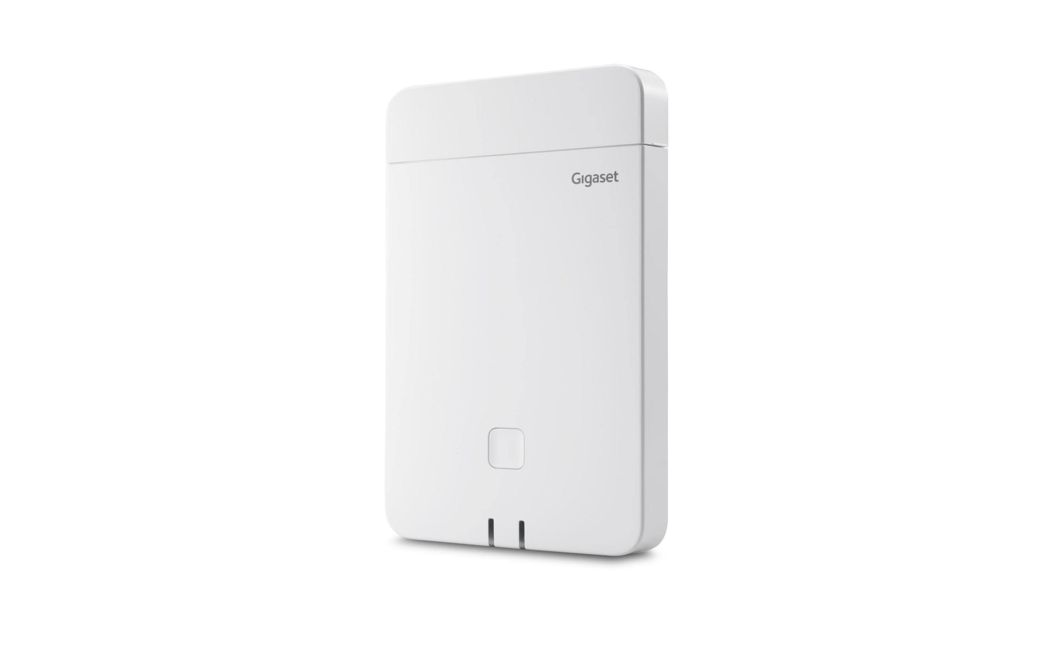 Un dispositivo Gigaset bianco con un pulsante quadrato e due fessure in basso.