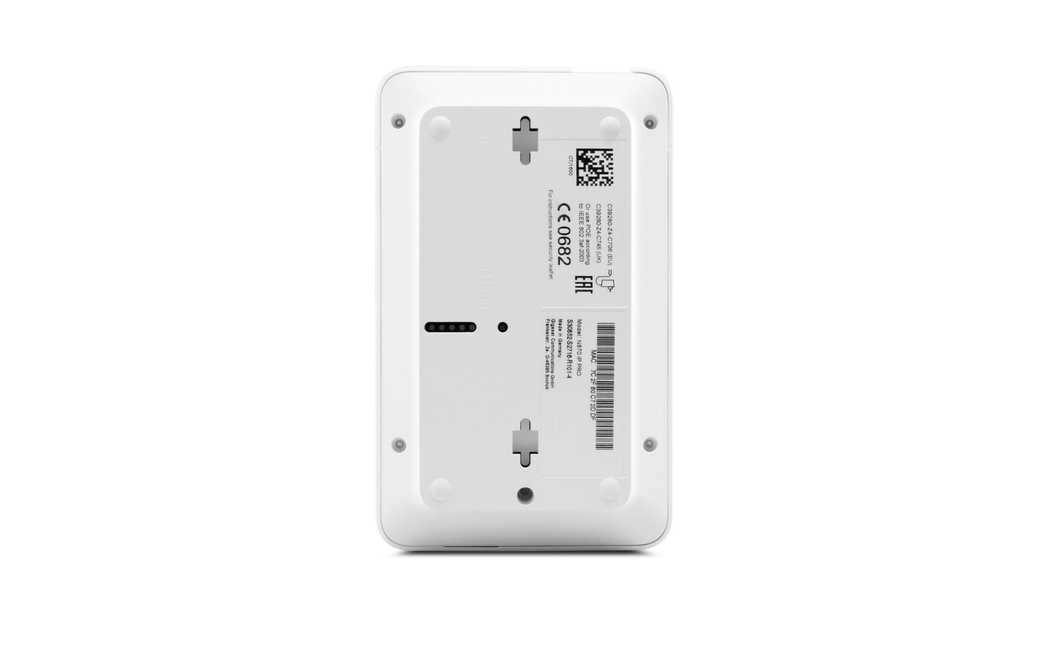 Dispositivo bianco con etichette e codice QR sul retro.